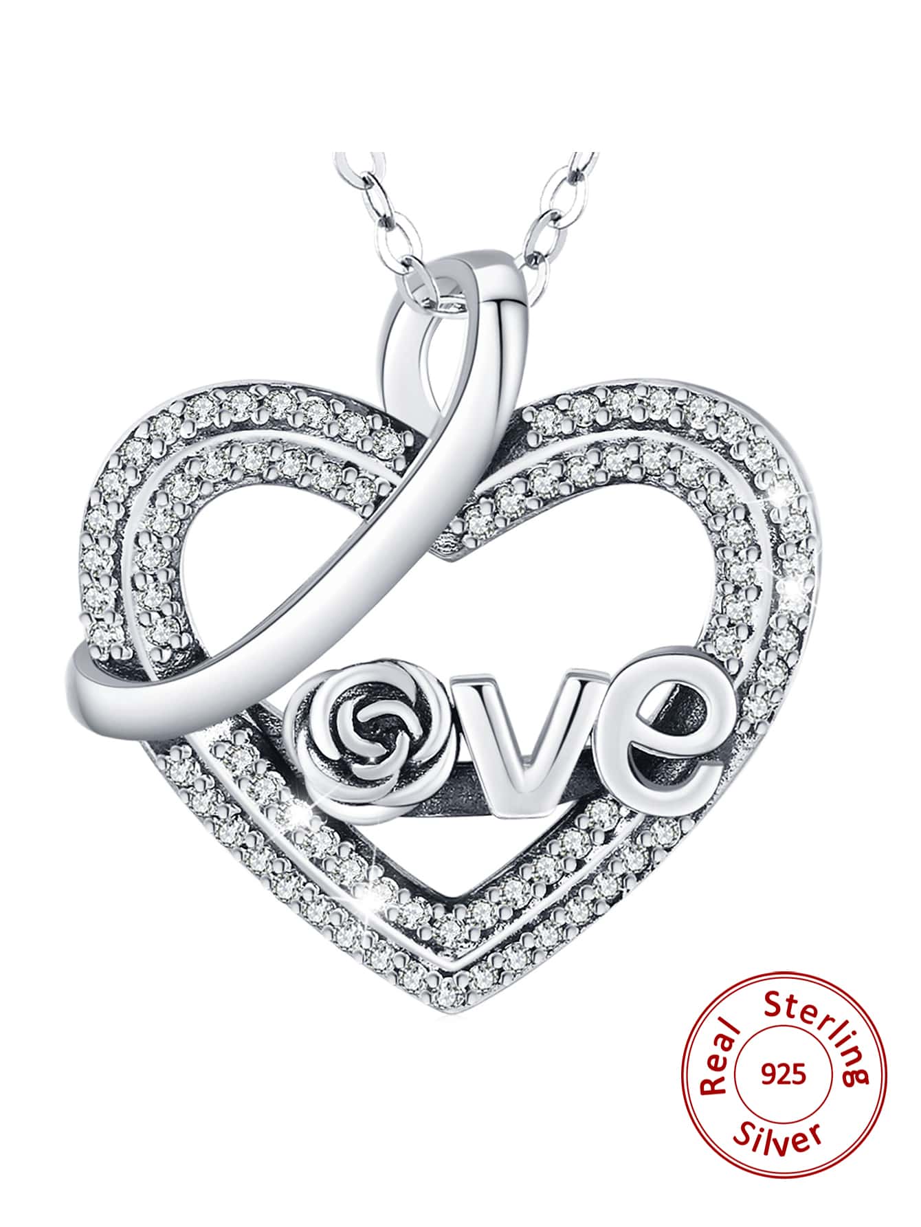 1pc Exquisite Flower & Letter Decor Cubic Zirconia Heart Charm Sterling Silver Necklace For Women For Daily Decoration