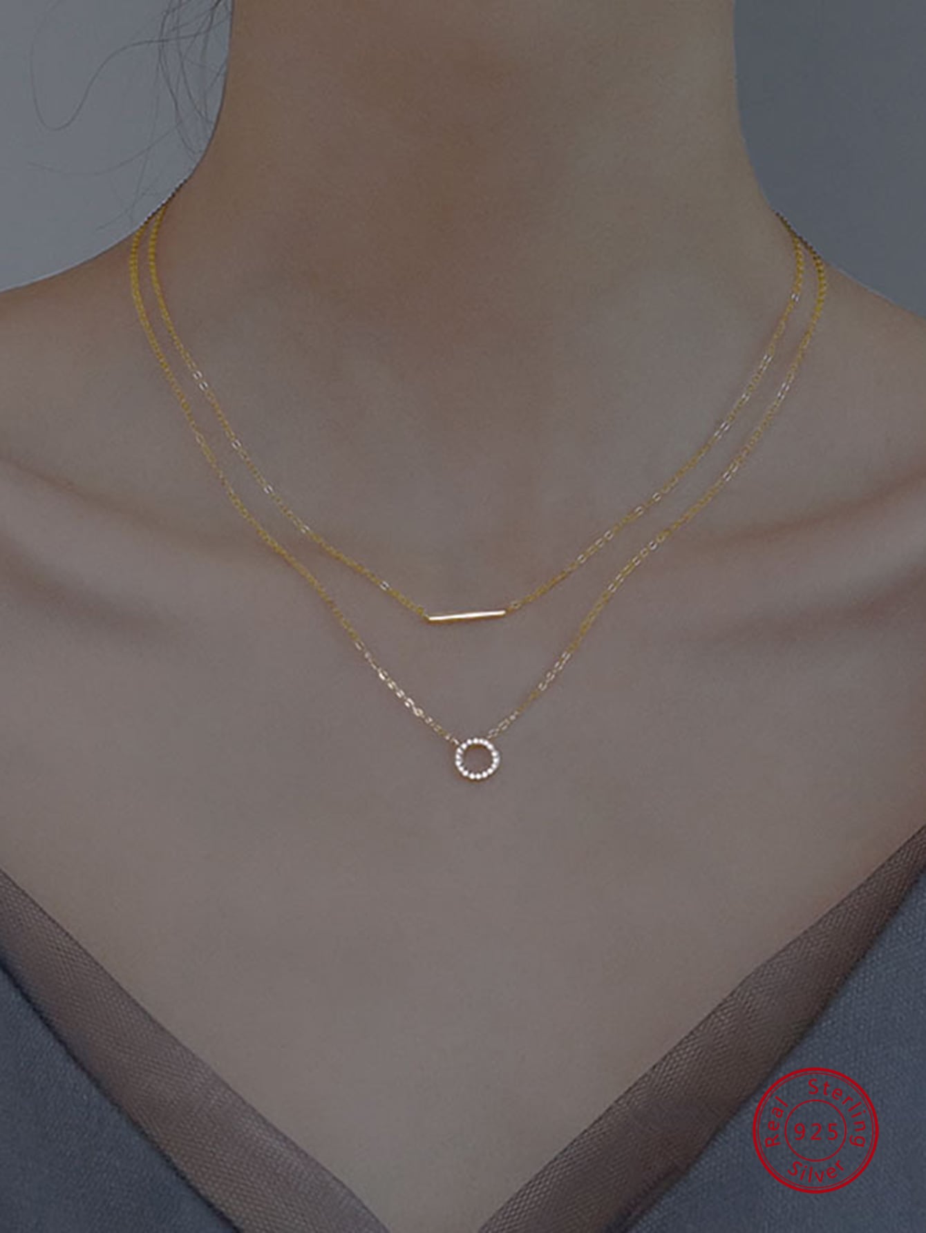 1pc Minimalist & Delicate Unique S925 Pure Silver Double Layer Geometric Circle Pendant Clavicle Chain Necklace, Perfect As Festival Gift For Girlfriend