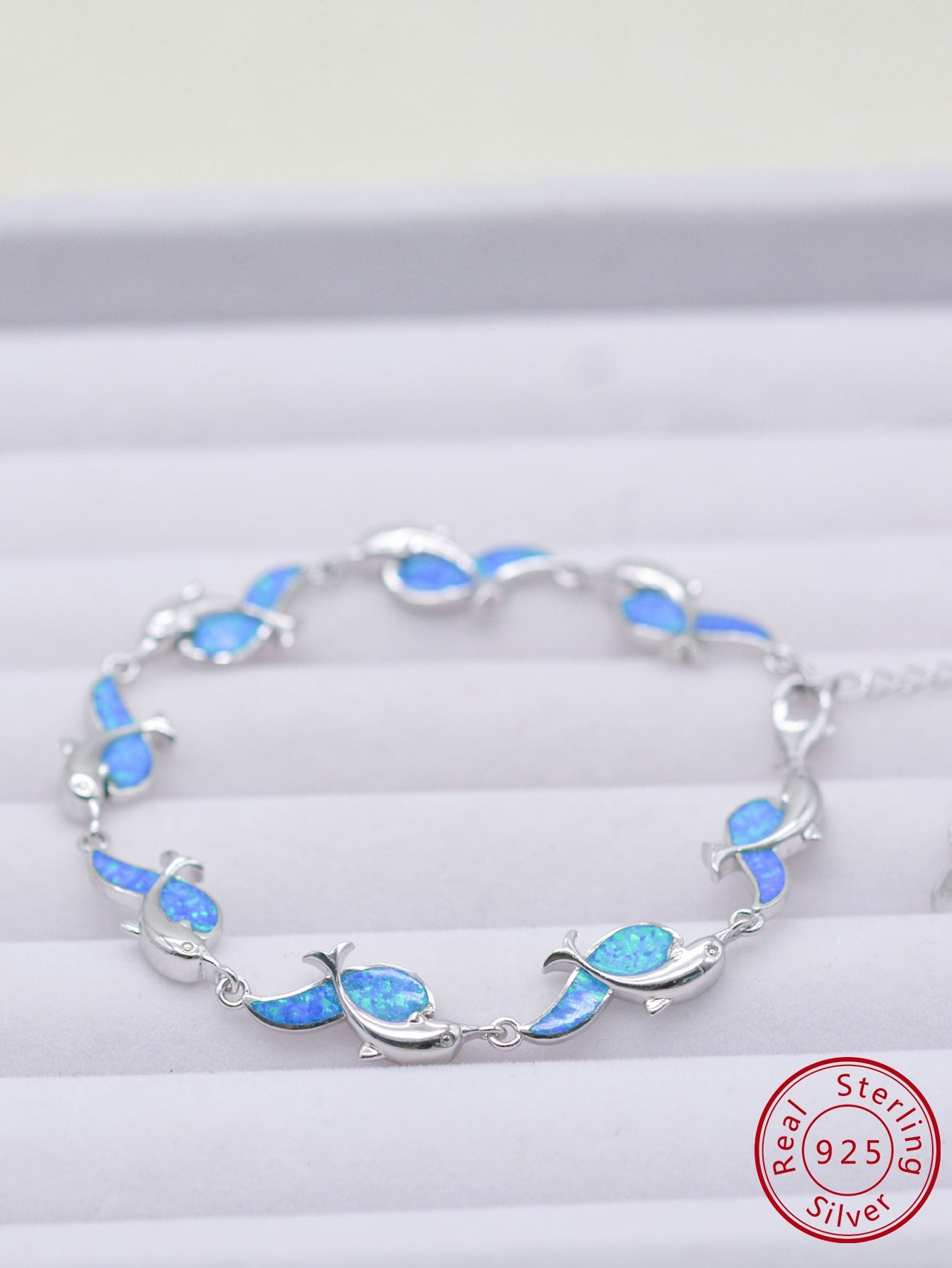 1pc 925 Sterling Silver Ocean Wave & Dolphin Blue Larimar & Australian Made Opal Decorated Bracelet For Summer