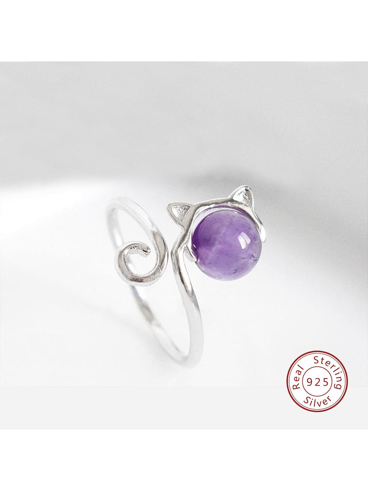 1pc 925 Sterling Silver Cat & Purple Crystal Ring, Korean Chic Simple Style Women's Ring, Luxurious & Elegant Jewelry