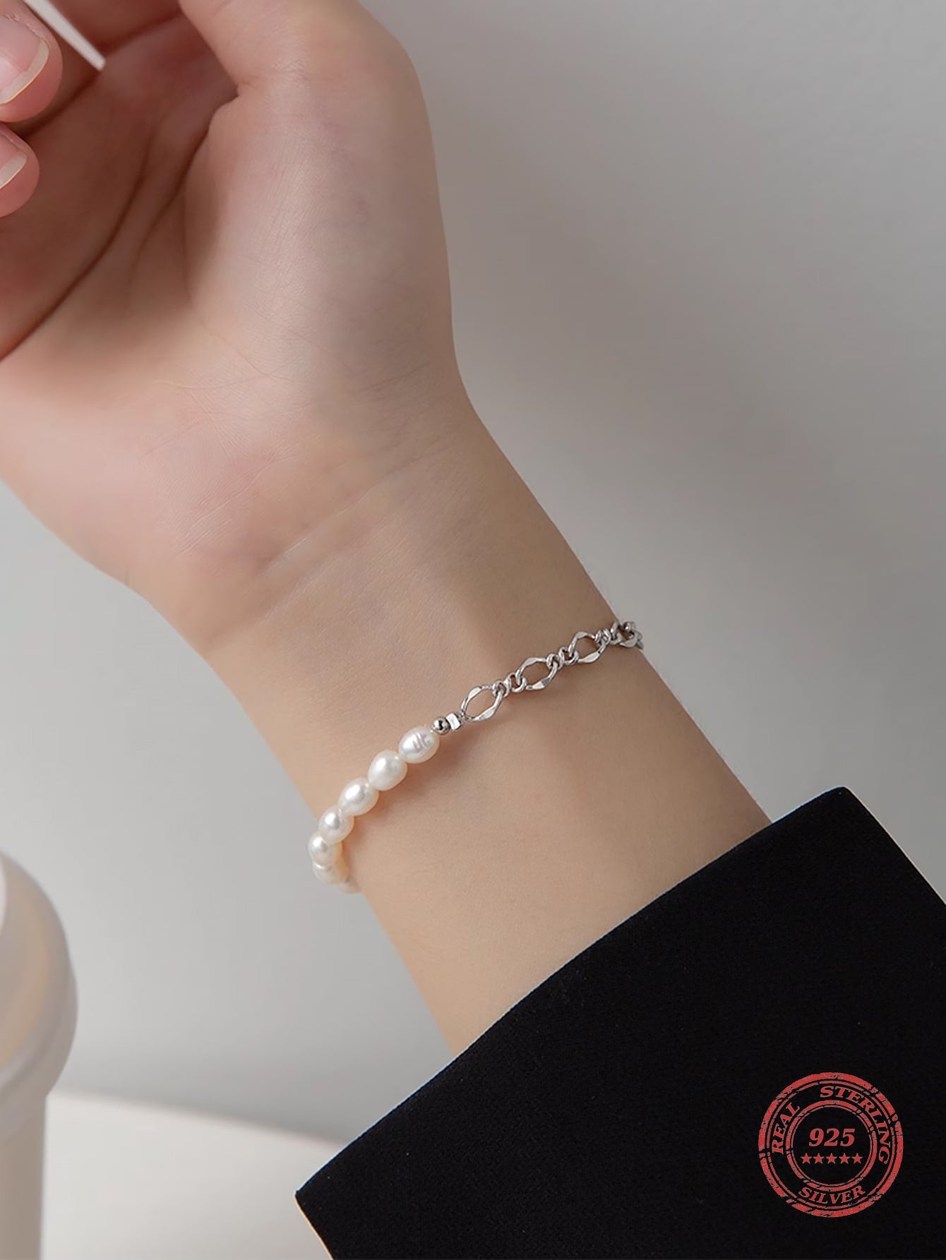 S925 Sterling Silver French Style Vintage Cultured Pearl Chain Bracelet, Irregular Design Elegant Women's Jewelry Gift