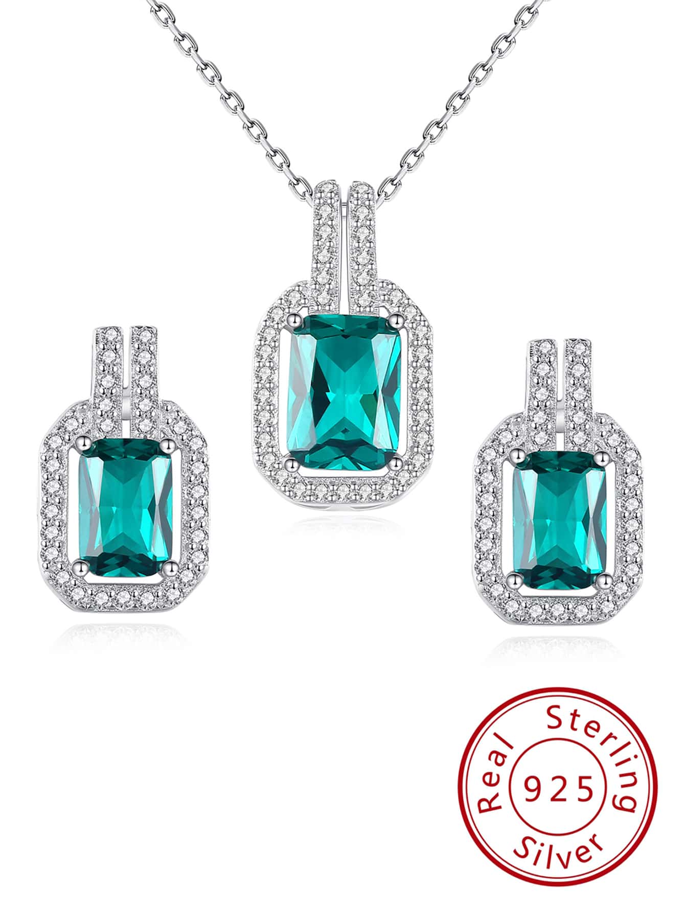 1 Set Elegant 925 Sterling Silver Necklace & Earrings Jewelry Set Green Cubic Zirconia Women Wedding Engagement Jewelry Set Birthday Anniversary Gift to Mom Wife