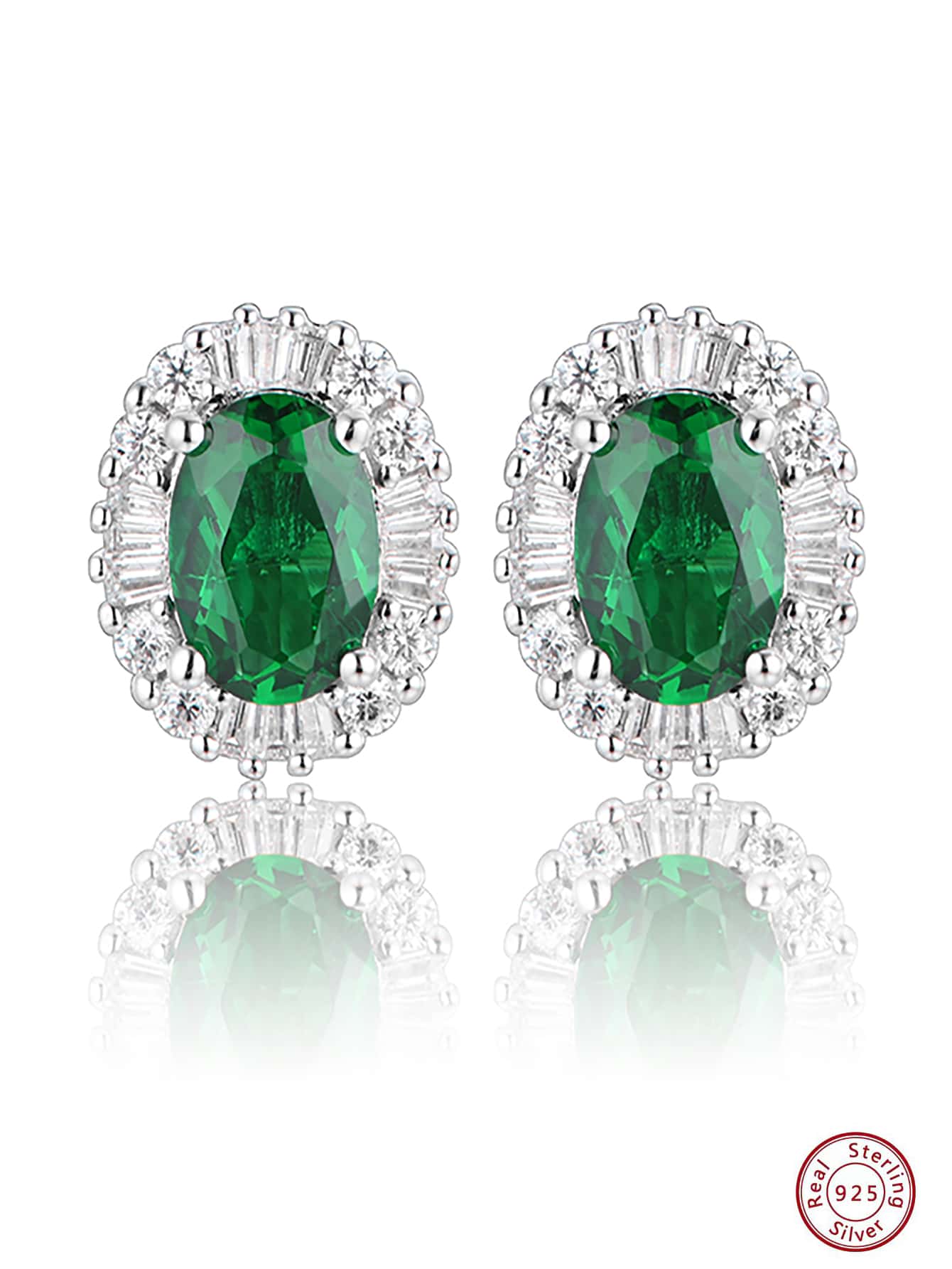 1pair 925 Sterling Silver Women's Elegant Glamorous Oval Design Emerald Stud Earrings For Banquet