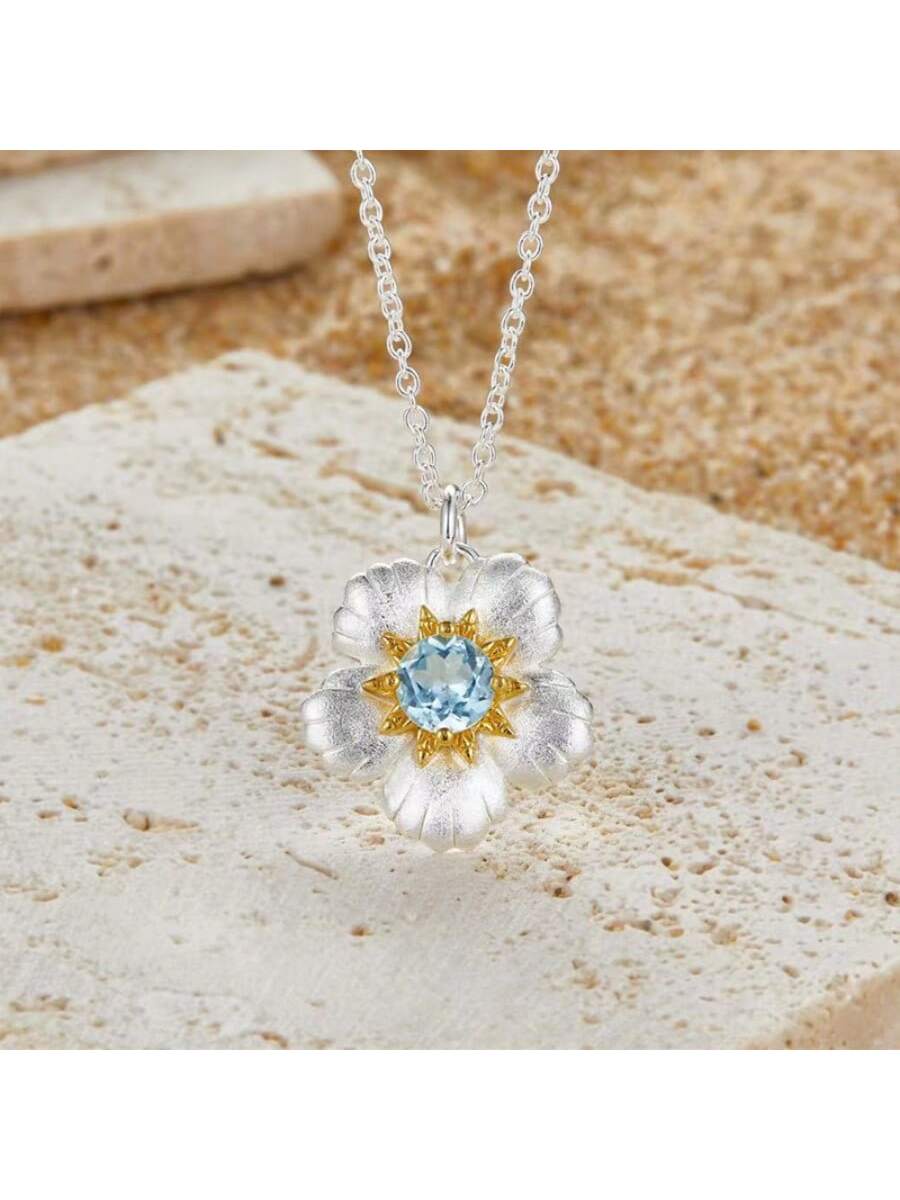 1pc 925 Sterling Silver Two-tone Natural Blue Topaz Flower Necklace