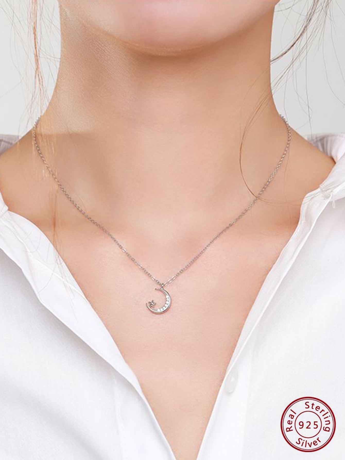 1pc Fashion Sterling Silver Cubic Zirconia Decor Star Moon Pendant Necklace For Women For Daily Commute