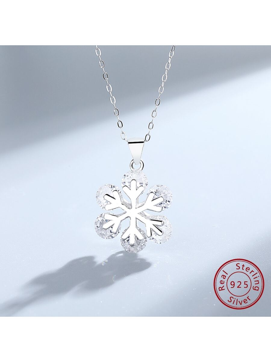 1pc S925 Sterling Silver Minimalist Design Micro Inlay Cubic Zirconia Snowflake Pendant Necklace, Versatile European, American, Japanese And Korean Style, Perfect For Girlfriend, Wife, Or Lover's Gift