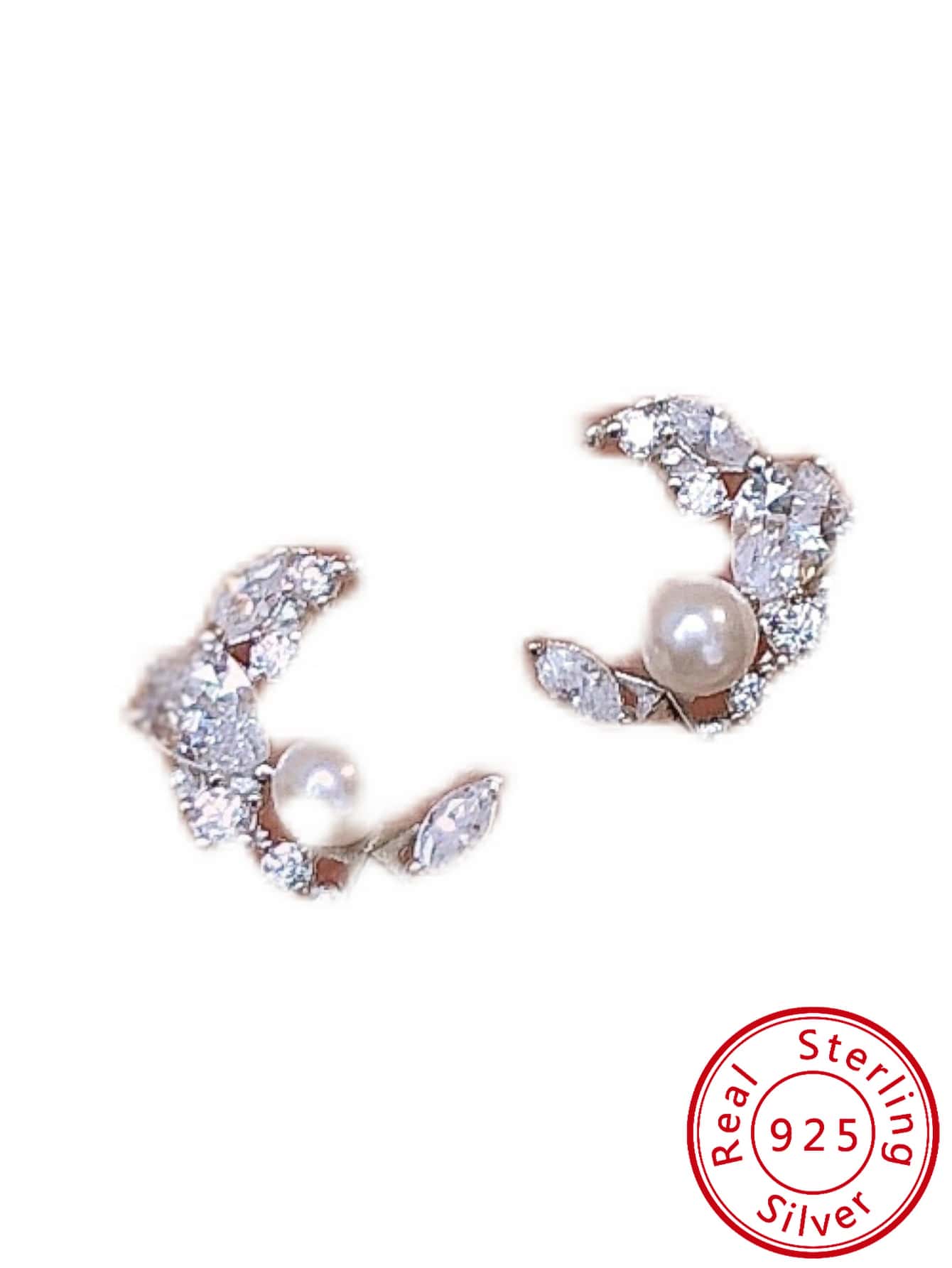 Trendy S925 Sterling Silver Earrings, European And American Light Luxury Design, Moon & Star Shapes Inlaid With Zircons And Simulated Pearls