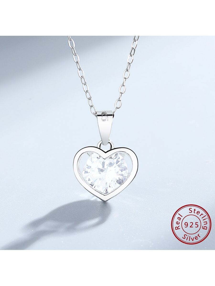 1pc Minimalist S925 Sterling Silver Rhinestone Decor Heart Pendant Necklace For Women For Valentine's Day Gift