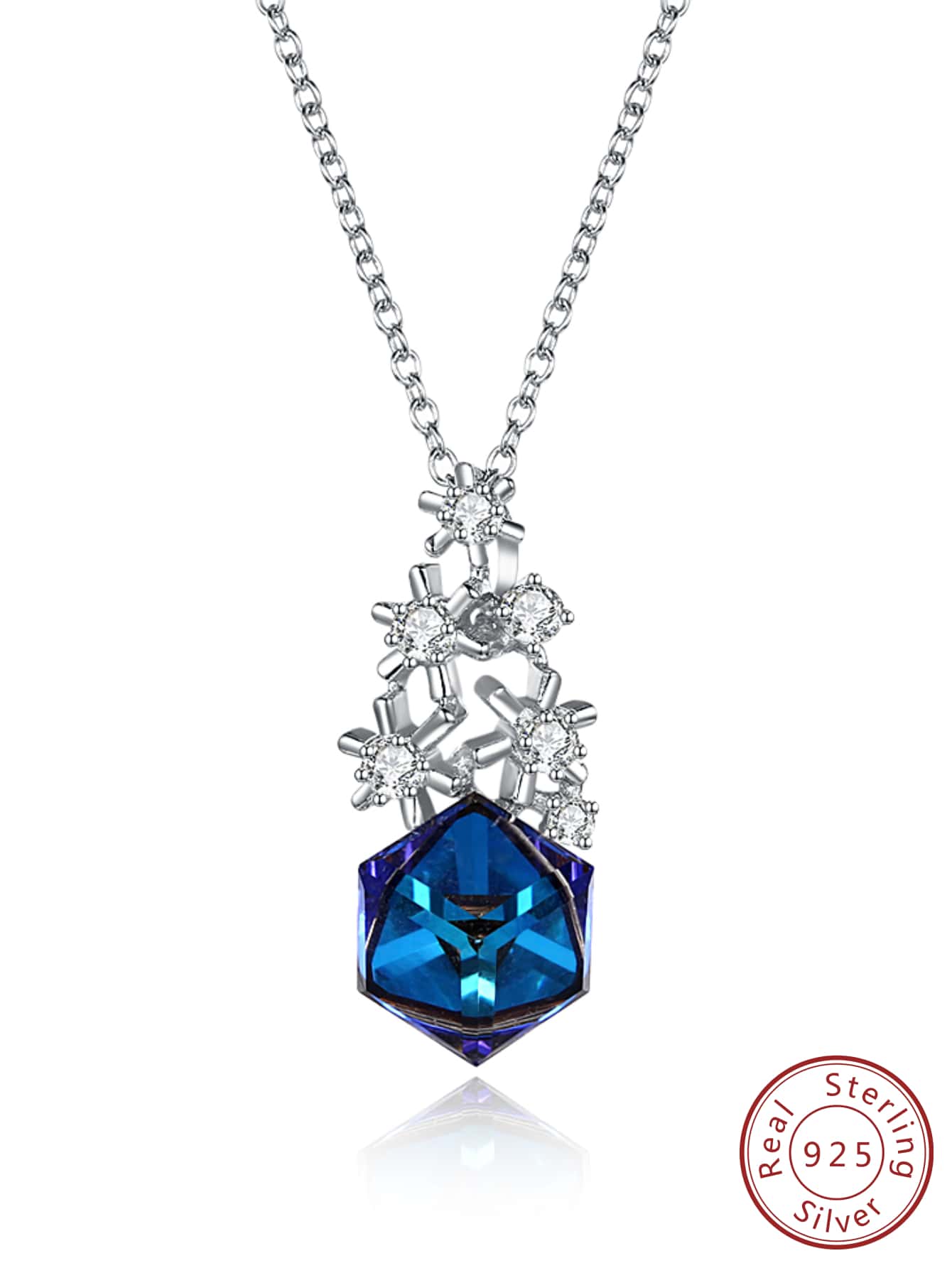 1pc Personality Cubic Zirconia Blue Snowflake Square Symphony S925 Sterling Silver Pendant Necklace For Women For Party