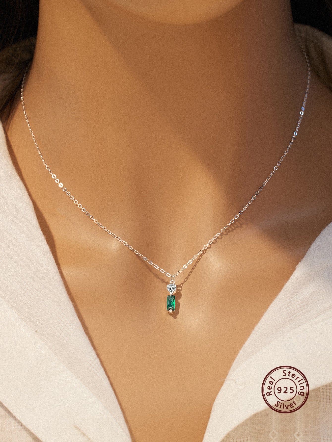 1pc 925 Sterling Silver Minimalist Synthetic Zirconia Emerald Rectangular Pendant Necklace