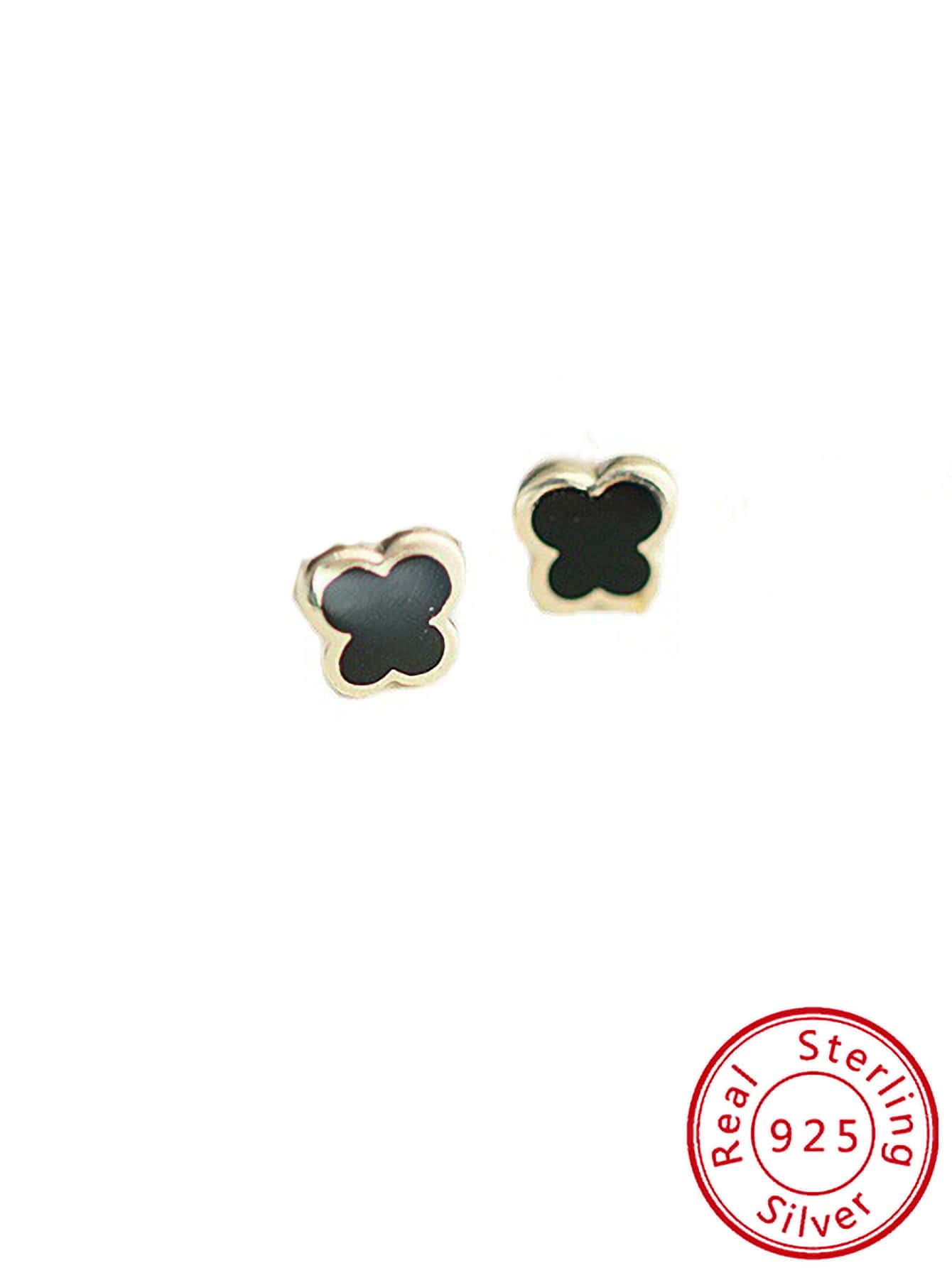 S925 Sterling Silver Earrings, Fashionable Sweet & Cool Design, Black Cubic Zirconia Four Leaf Clover Stud Earrings For Women