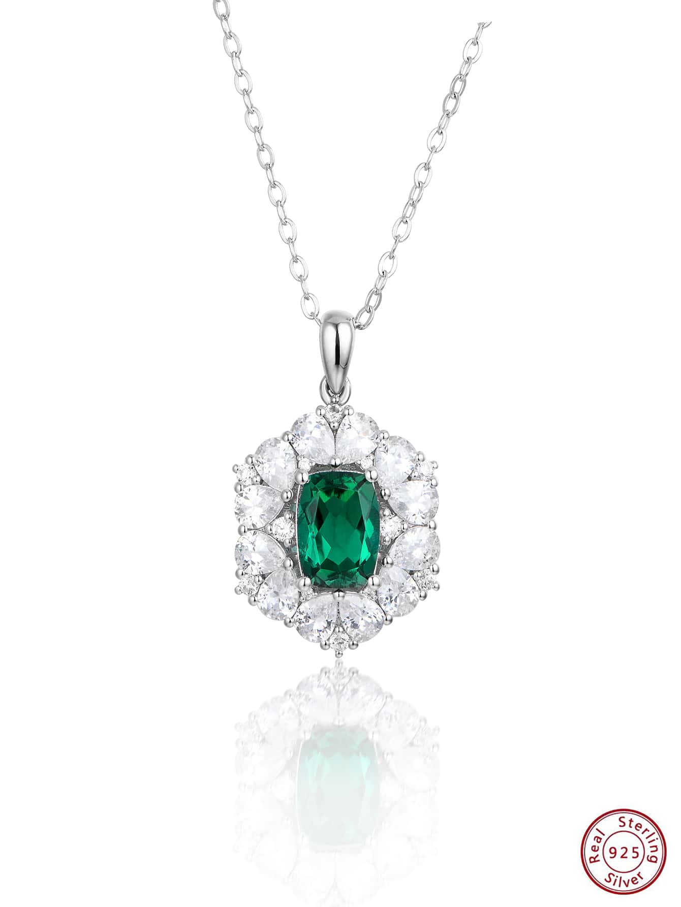 1PC 925 Sterling Silver Elegant Mature Glamorous Hexagon Design Emerald Pendant Necklace