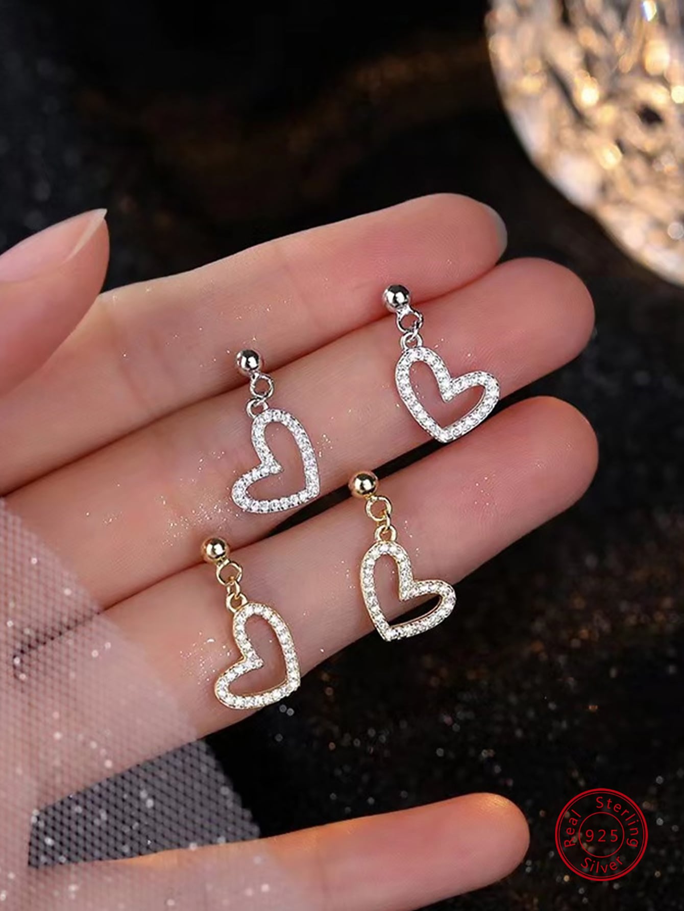 1pair Elegant 925 Silver Hollow Out Heart Shape Earrings Inlaid With For Daily Wear, Gift