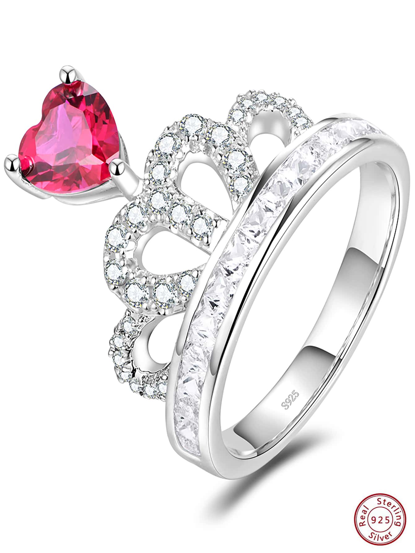 1 PC 925 Sterling Silver Elegant Sparkling Glamorous Crown Heart Design Ring For Women