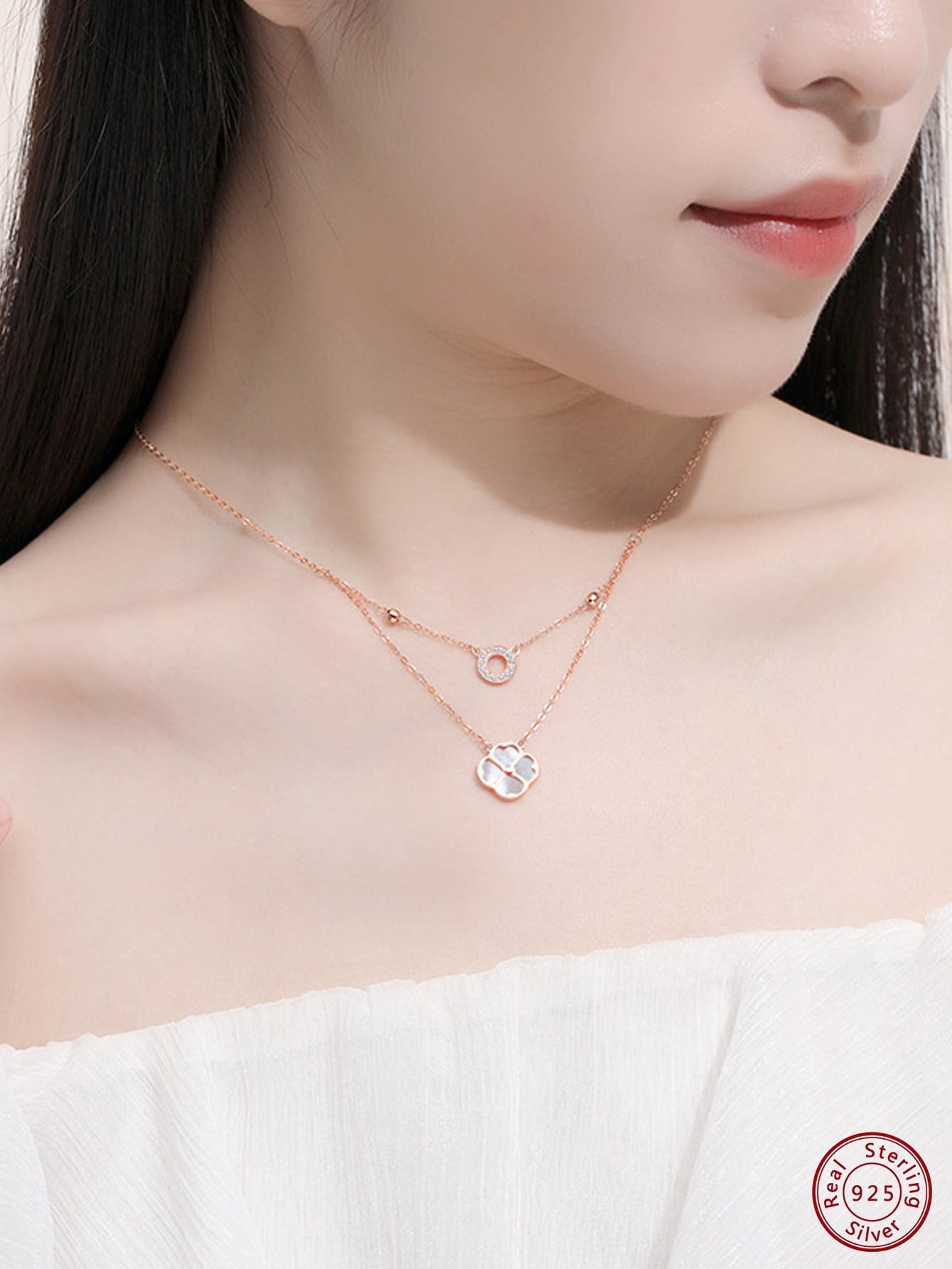 1pc Fashionable Double Layered Clover Shape S925 Necklace For Women