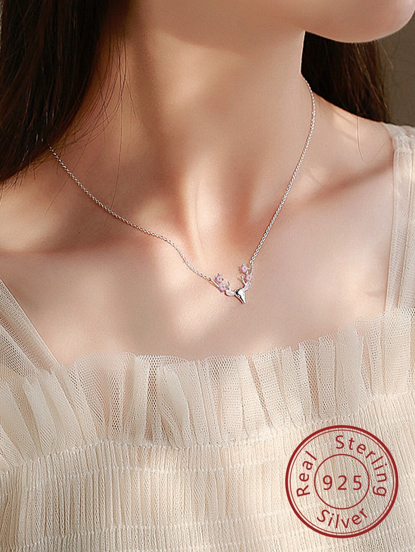 1pc 925 Sterling Silver Women's Silver-tone Fashion Deer Antlers Pink Flowers Pendant Necklace, Perfect For Gift, Wedding Anniversary And Party