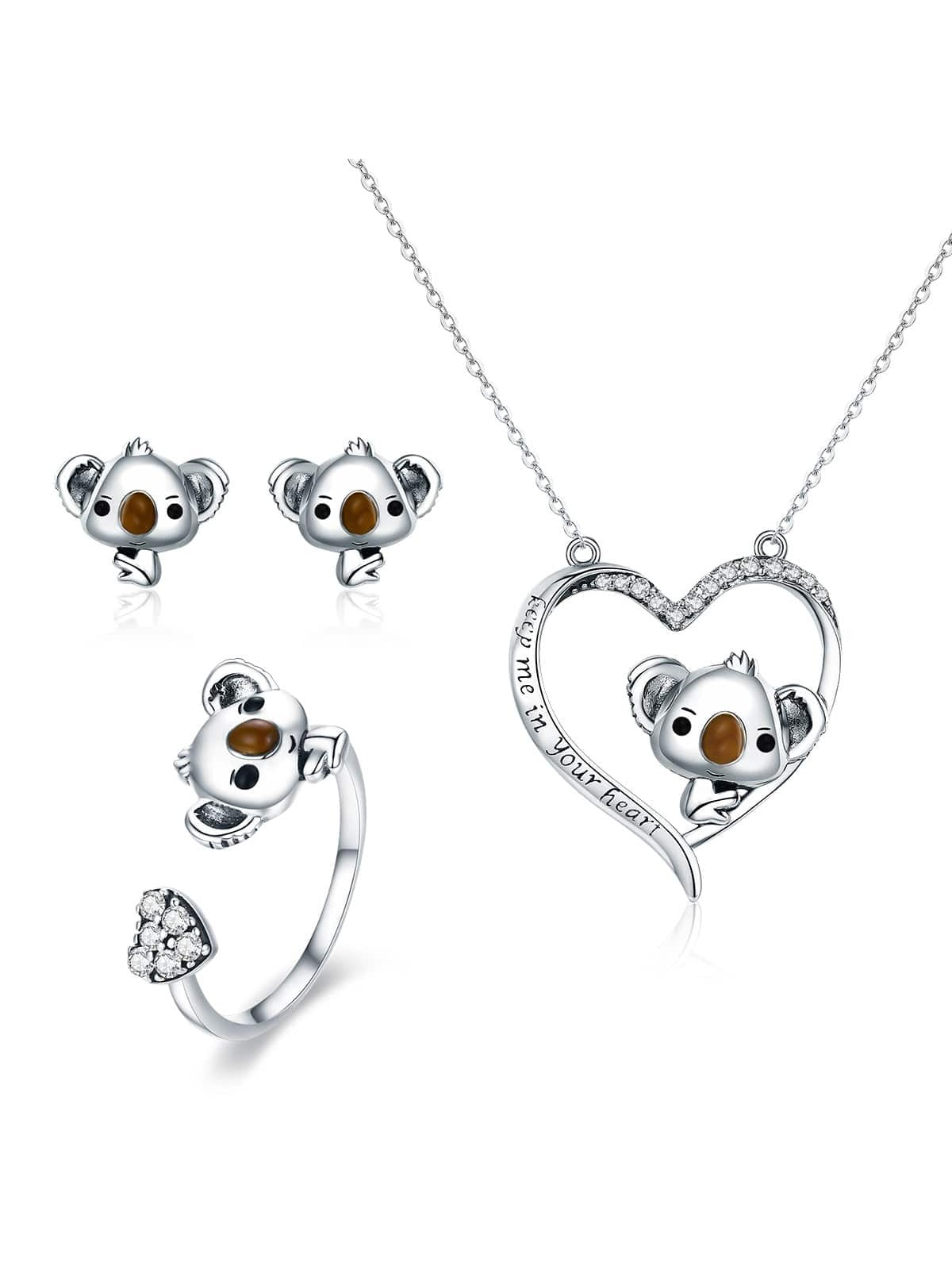 1 set 925 Sterling Silver  Earrings  ring Lovely Koala in Heart Pendant Necklaces for Women Fashion Silver Jewelry  Set