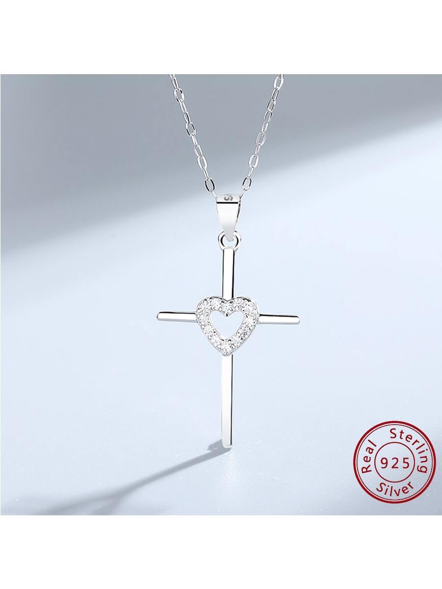 1pc S925 Silver Micro-inlaid Cross Pendant Necklace For Women, Versatile Hip Hop American Style Jewelry Accessory