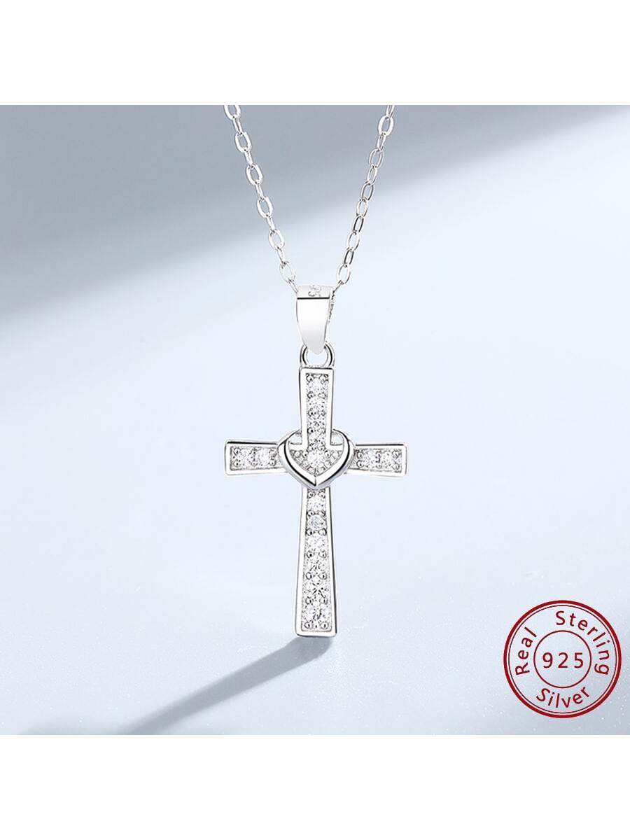 1pc S925 Sterling Silver Cross Pendant Necklace For Women, American Hip-hop Style Accessory