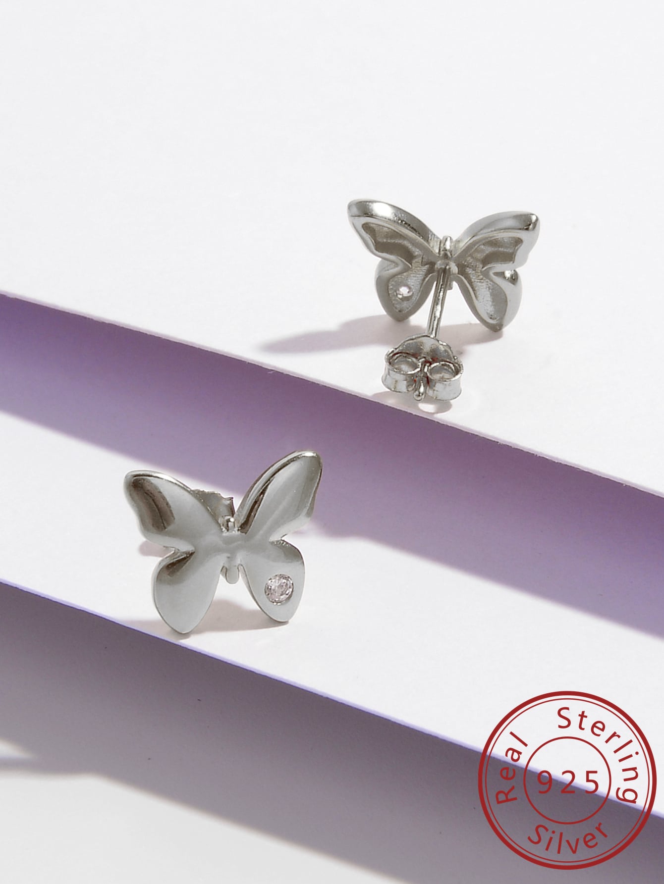 1 Pair of S925 Sterling Silver Inlaid Cubic Zirconia Butterfly Stud Earrings Fun Small Animals Simple Smooth Ear Studs