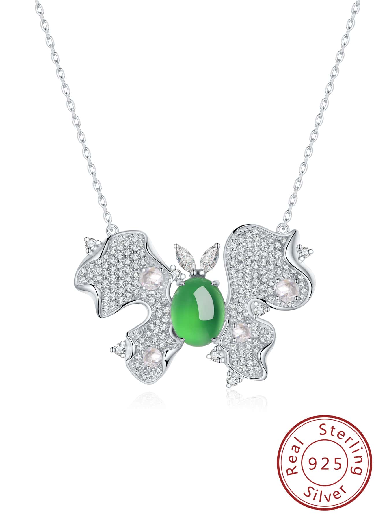 1pc Pure Silver & Cubic Zirconia & Jade Butterfly Design Fashion Pendant Necklace