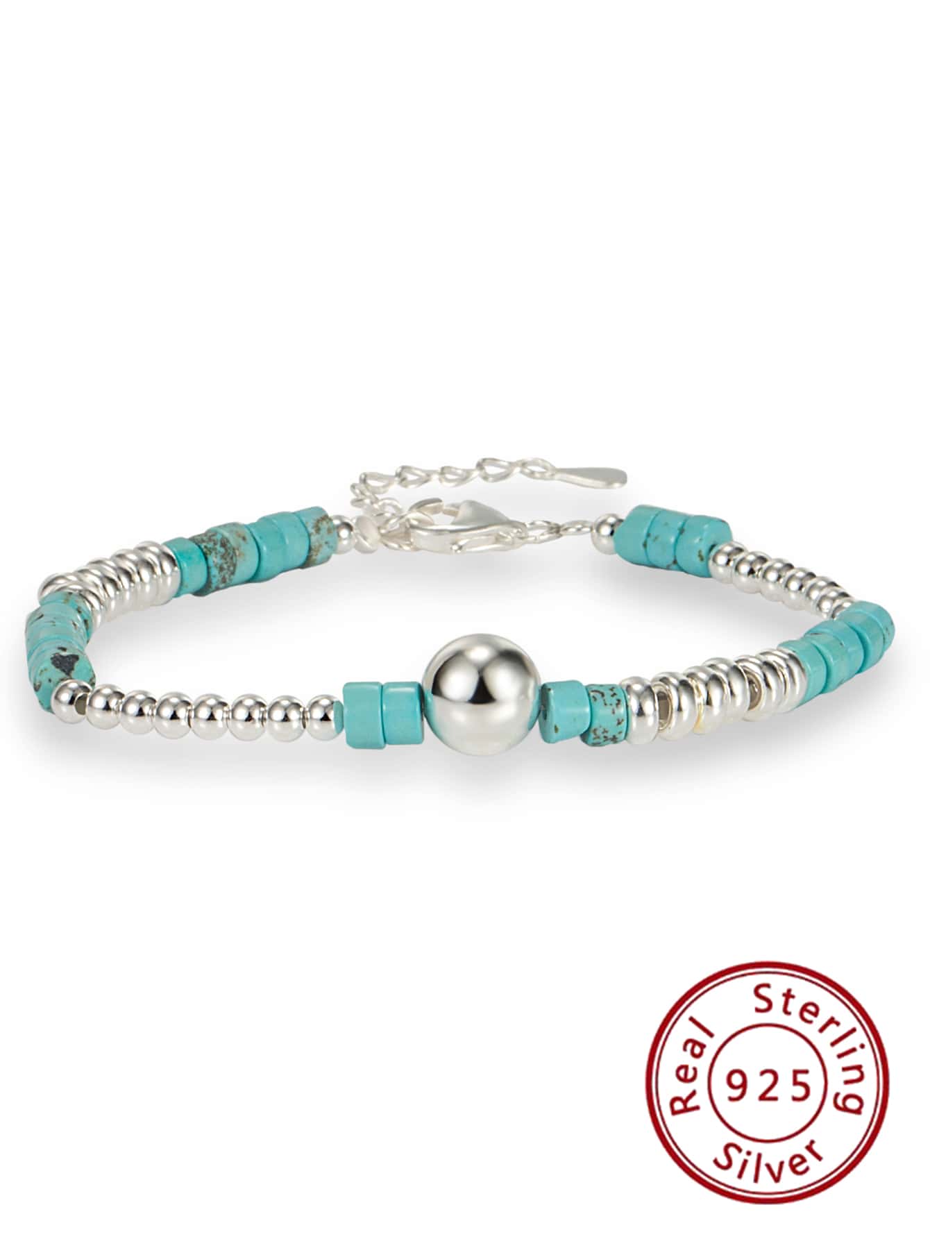 Women's S925 Silver Geometric Beaded Bracelet With Turquoise, Versatile Friendship Jewelry