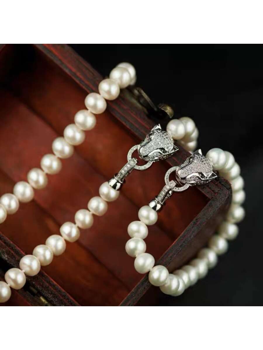 Fashionable Faux Pearl Inlaid Cubic Zirconia Leopard Head Bracelet Set, Couple Style For Daily Wear