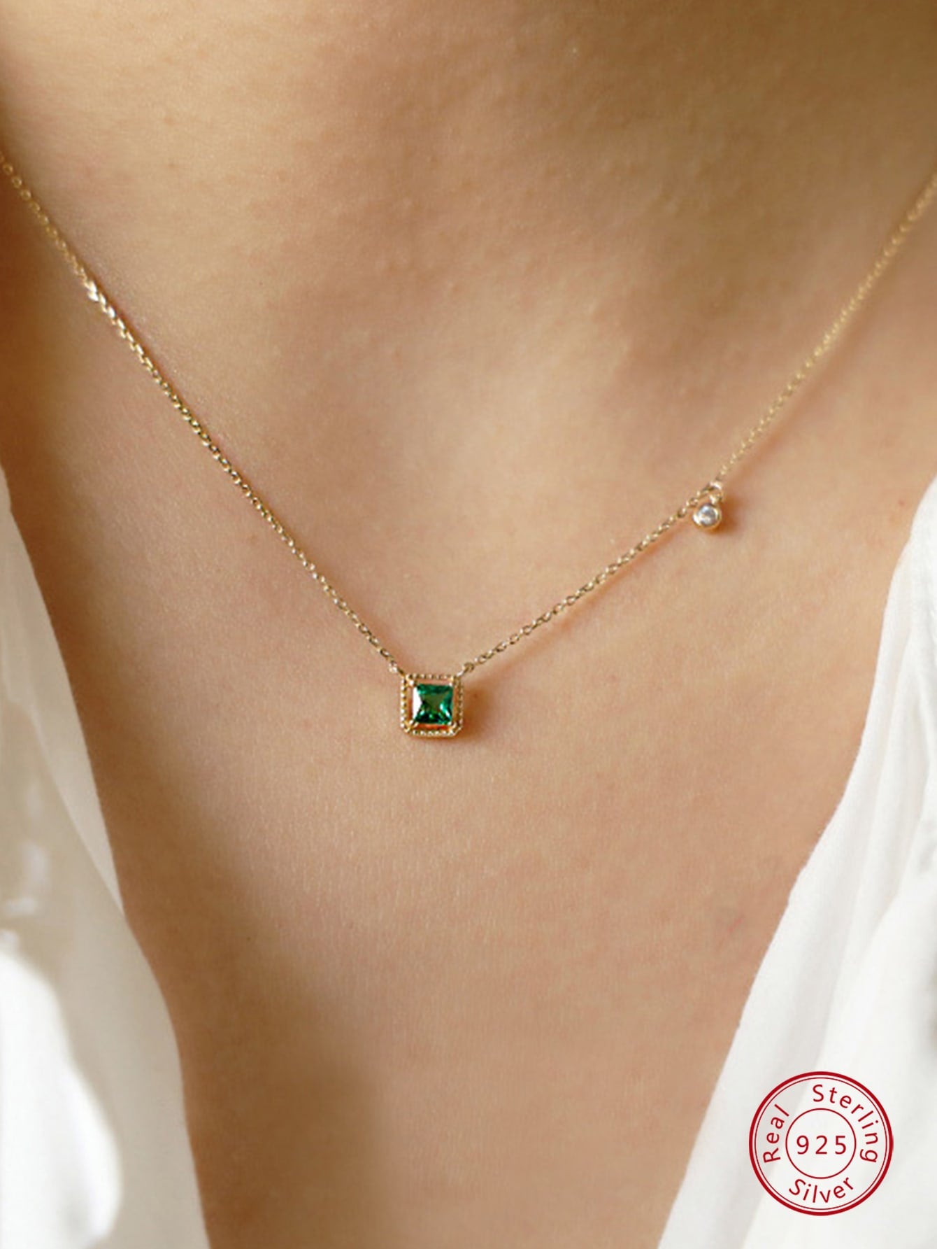 1pc S925 Sterling Silver Japanese Simple Retro Crystal Emerald Gold Pendant Necklace For Women Girl Light Luxury Temperament Clavicle Chain Jewelry Gift