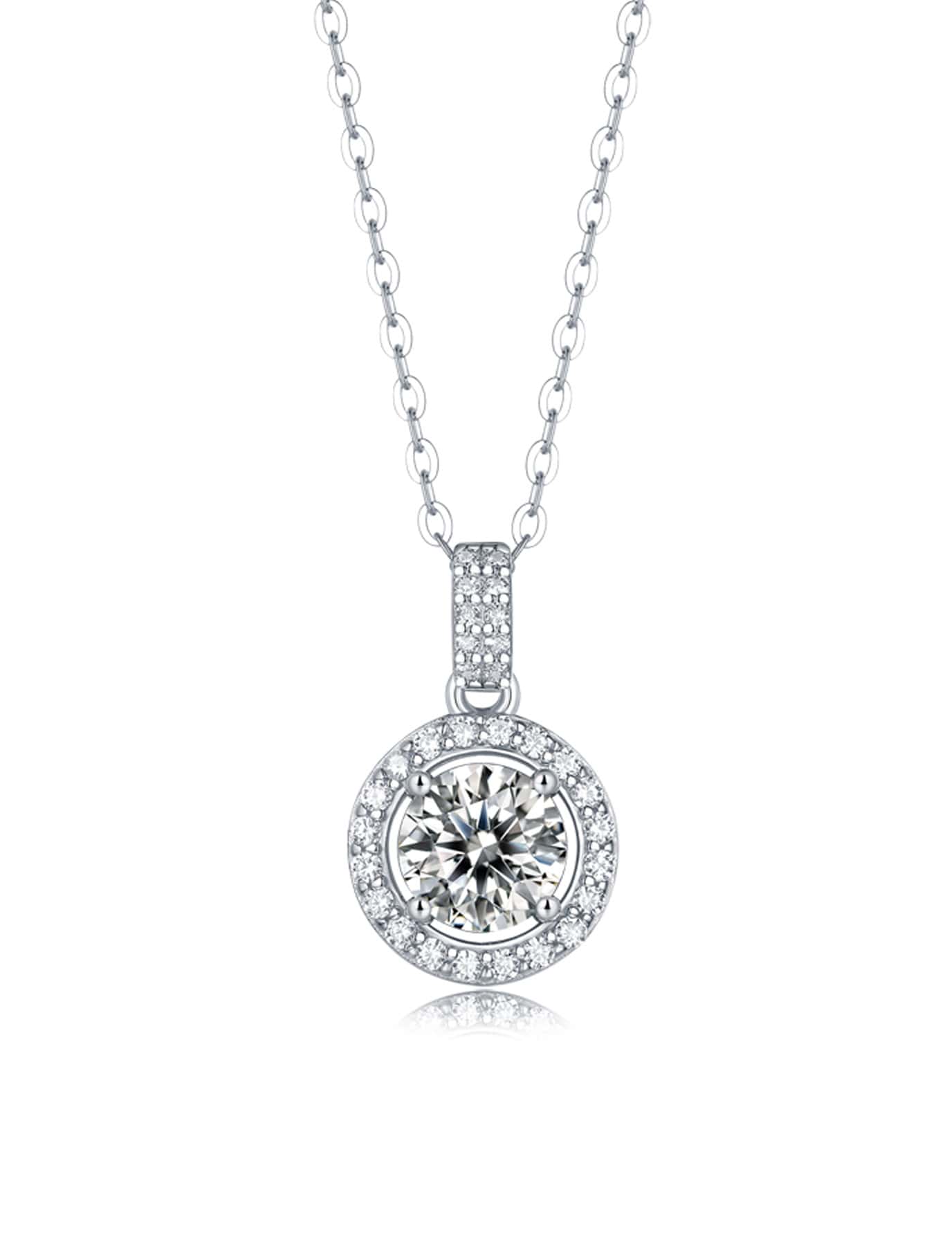 1ct Moissanite Sterling Silver Disc Pendant Necklace With 1ct Main Stone & Pave Diamond Accent, Classic And Elegant Design For Party, Picnic, Gathering, Wedding