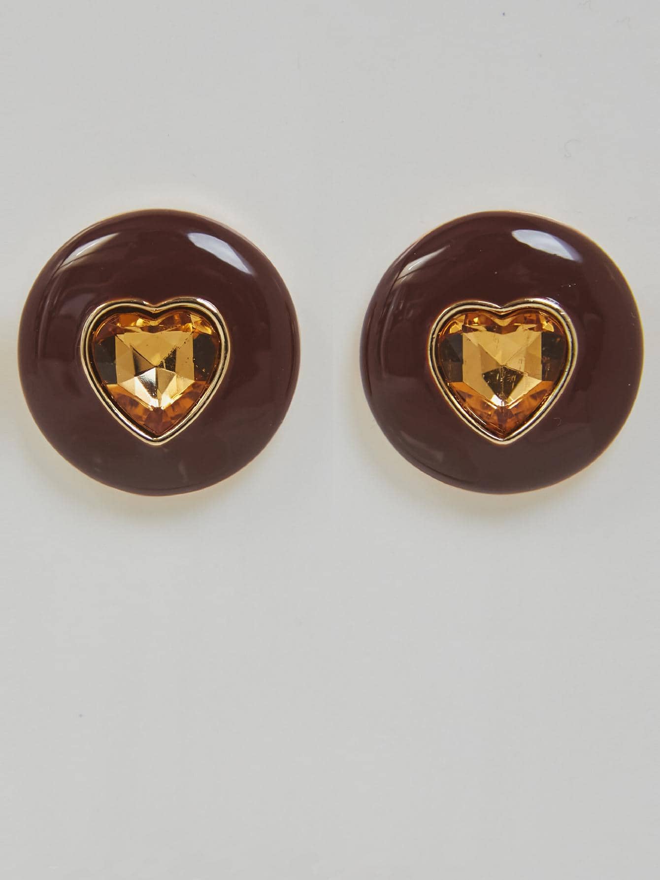 Brown Rhinestone Decor Heart Detail Stud Earrings