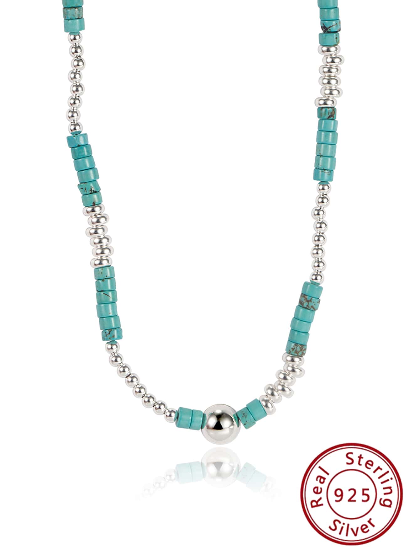 1pc Fashionable Turquoise Beads 925 Sterling Silver Beaded Necklace For Women For Daily Wear