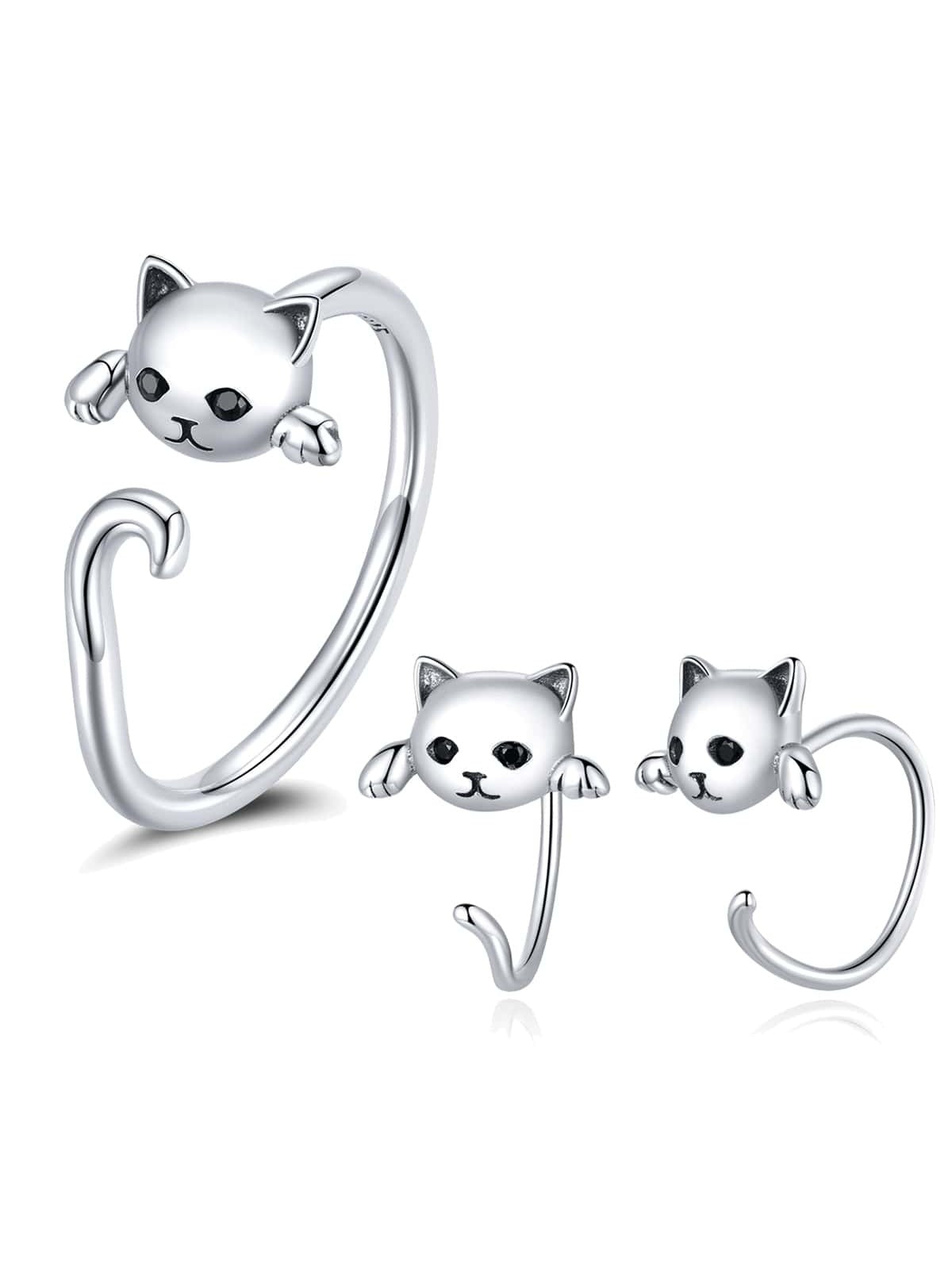 1  set 925 Sterling Silver Ring Lovely Black Cat Stud Earrings For Women Fine Wedding Earrings Original 925 Silver Jewelry set