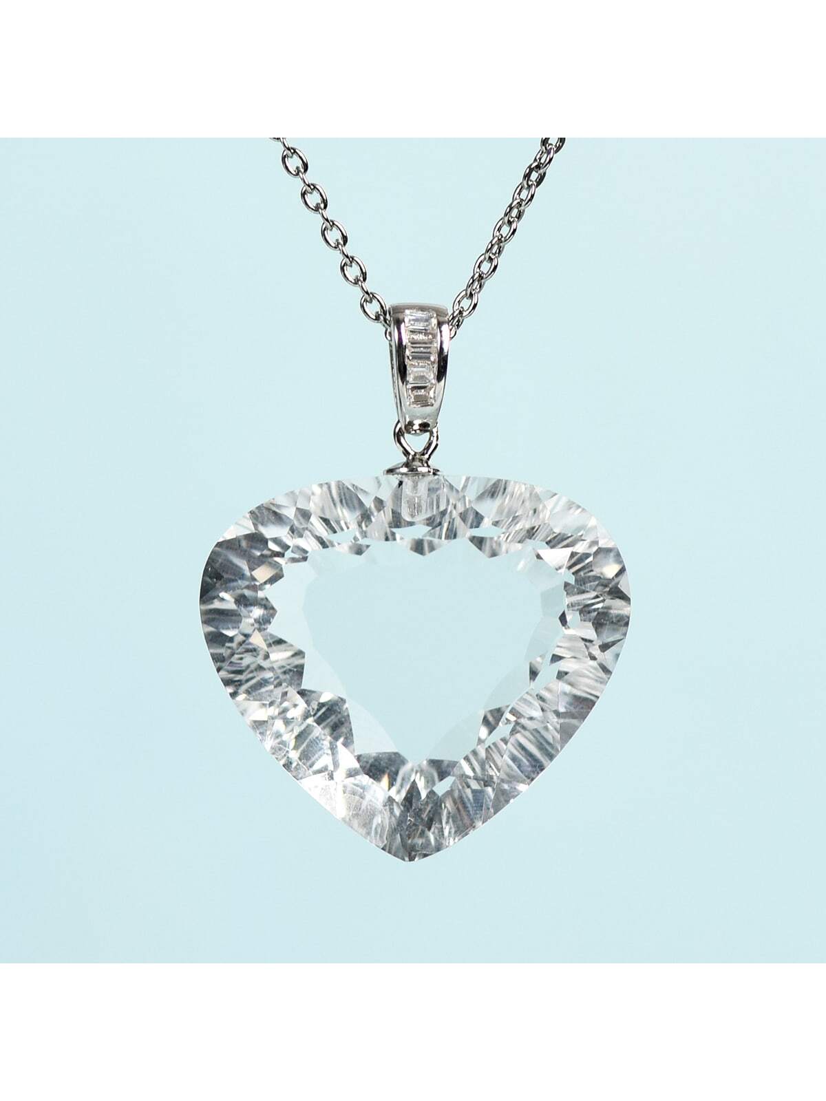 White Crystal Heart Shape Carved Pendant With 925 Silver Chain, Simple Elegant And Unique Couples Necklace