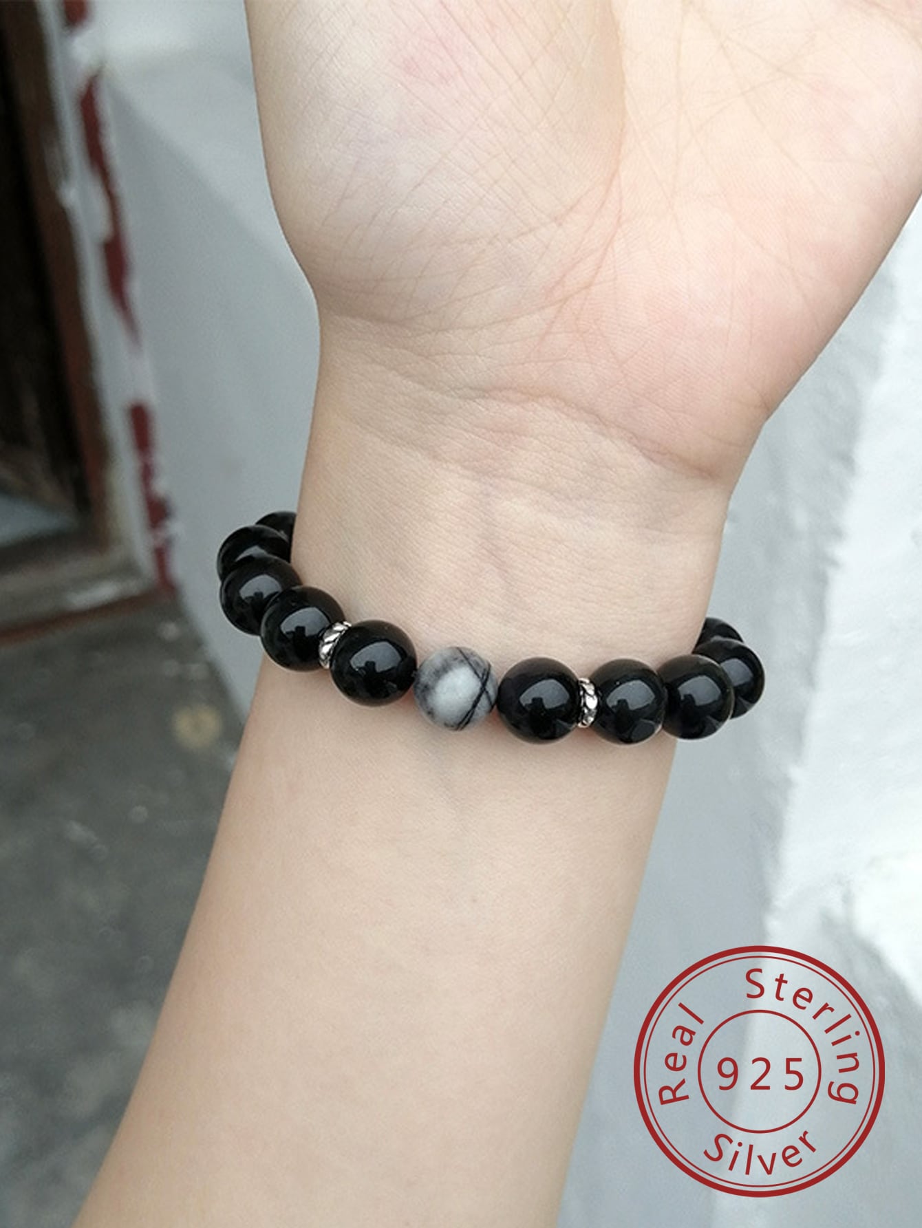 1pc 925 Silver Black Obsidian Beaded Bracelet, Perfect For Gift, Anniversary, Party