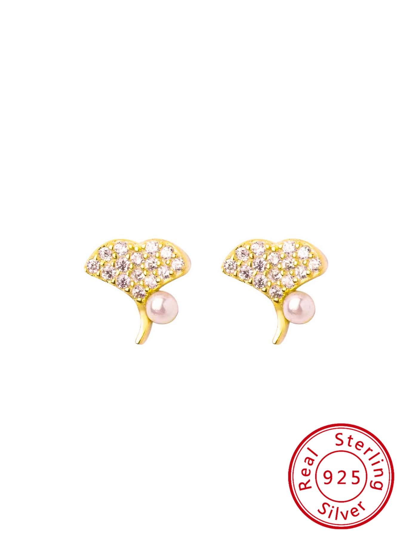 S925 Sterling Silver Earrings, Fashionable And Creative Design, Ginkgo Leaf Shaped With Gold Plating, Studded With Diamonds And Pearls, Women's Ear Jewelry