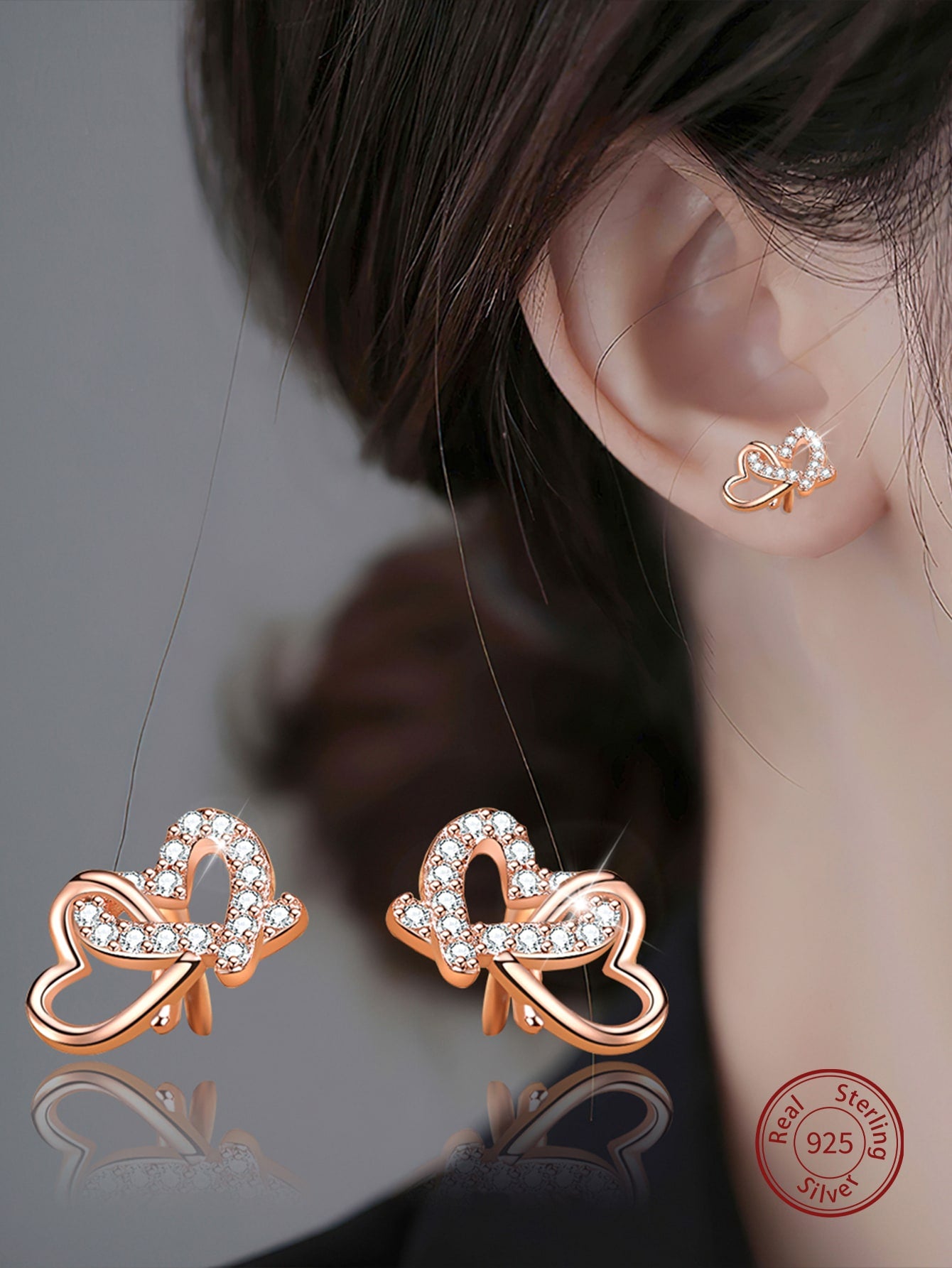 Fashionable S925 Silver Hollow Out Double Heart Stud Earrings For Women