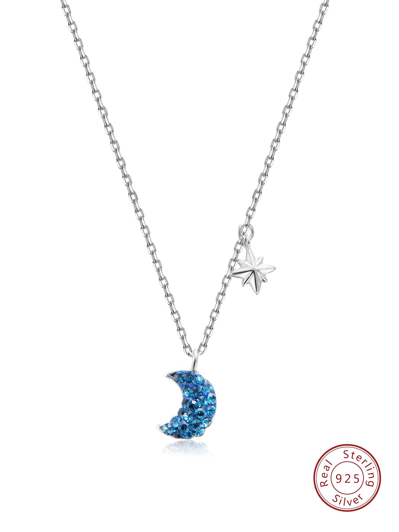 1pc Blue Moon Cubic Zirconia Pendant 925 Silver Necklace For Women, Anniversary Gift