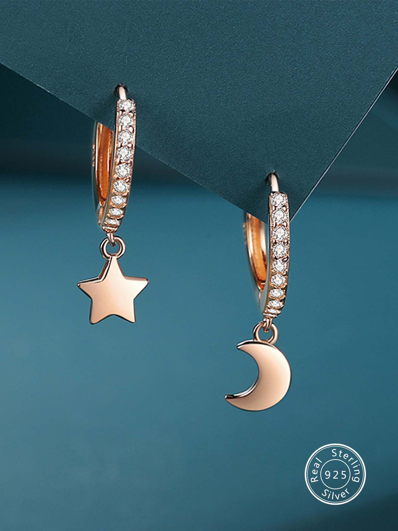 1pair S925 Silver & Decorated Star & Moon Dangle Earrings