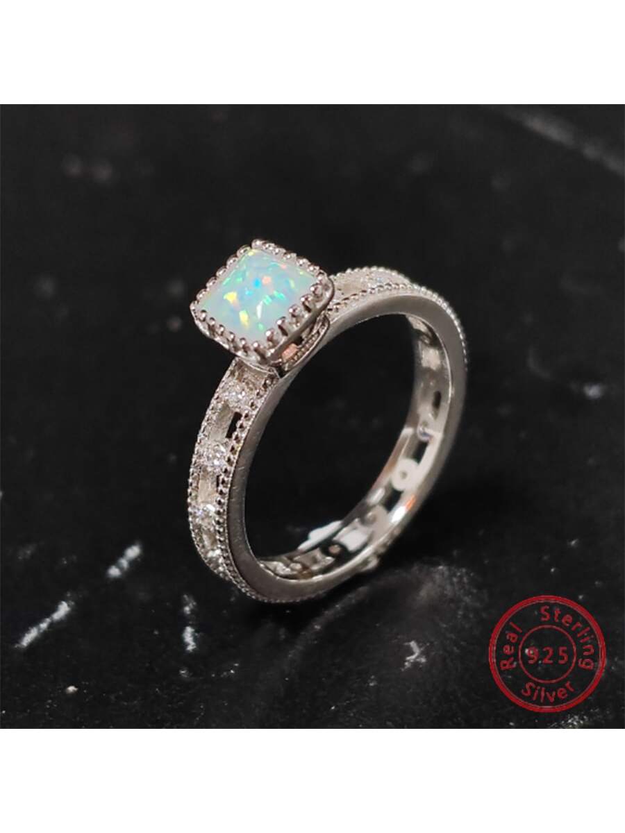 Unique S925 Sterling Silver Square Shaped Opal Ring