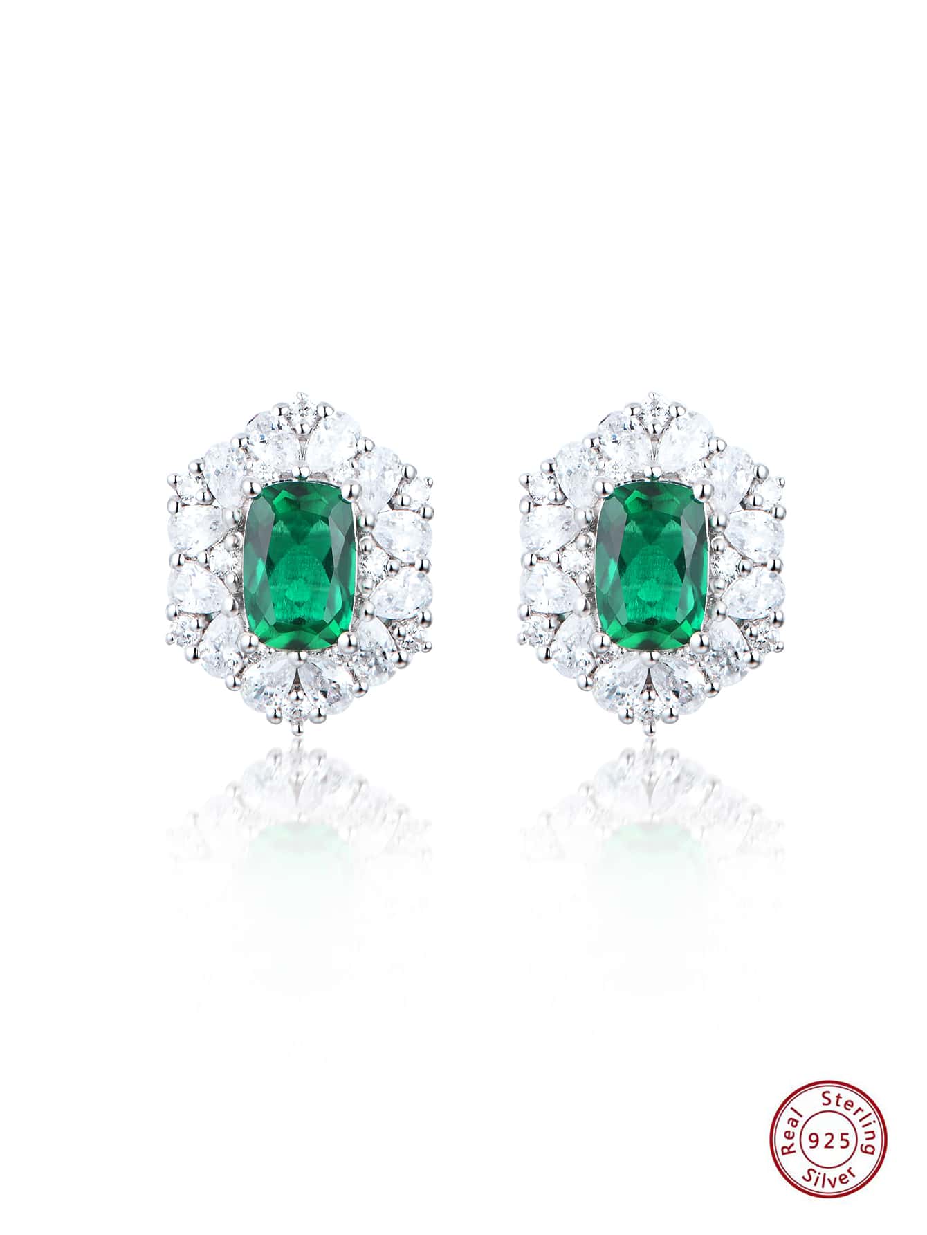 1pair 925 Sterling Silver Elegant Delicate Hexagon Design Emerald Stud Earrings For Women