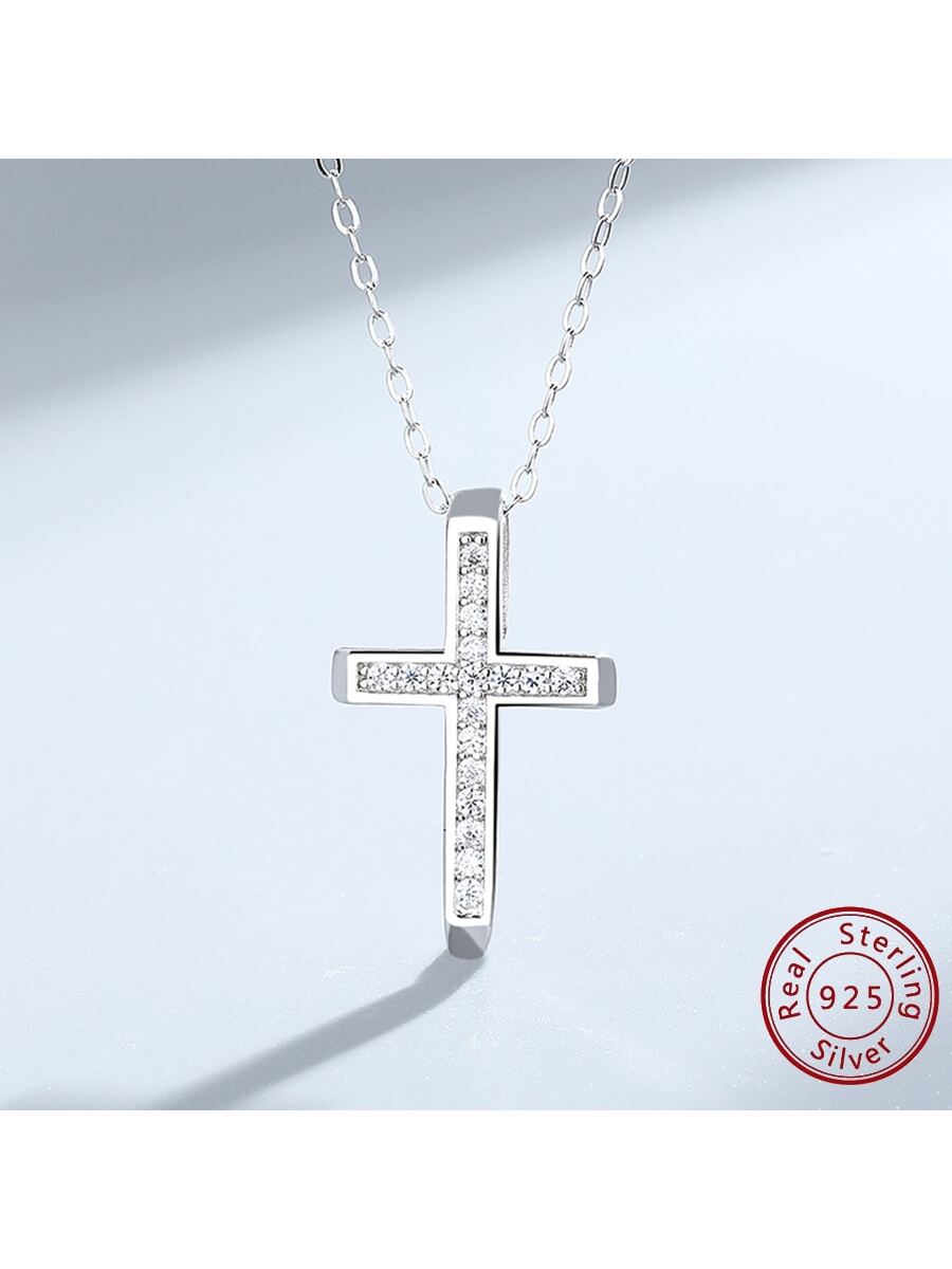 1pc S925 Sterling Silver Cross Pendant With Stones, Ins Design Necklace For Women/men