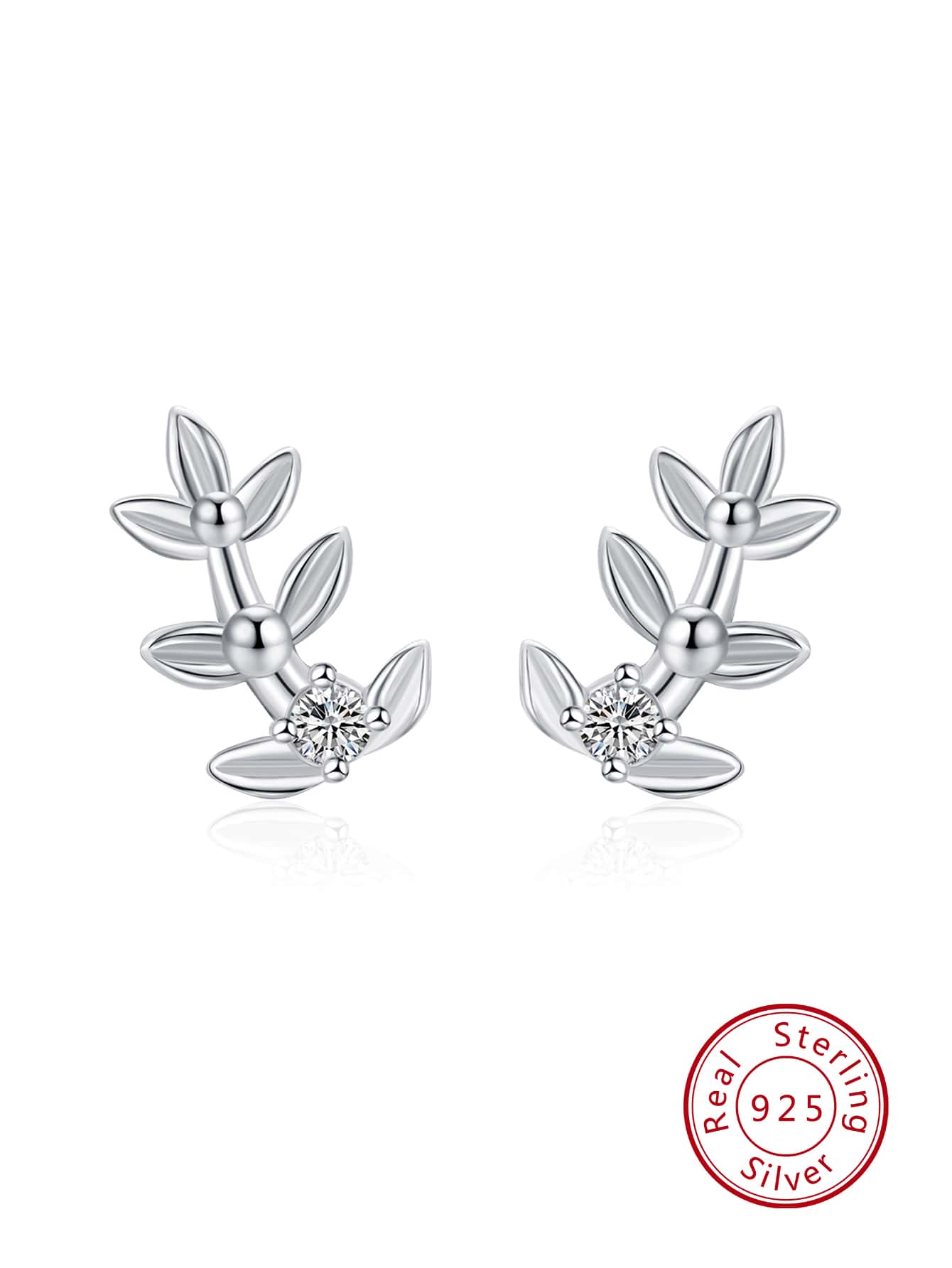 1pair 925 Sterling Silver & Artificial Zirconia Leaf Shaped Stud Earrings For Women, Elegant Anniversary Gift