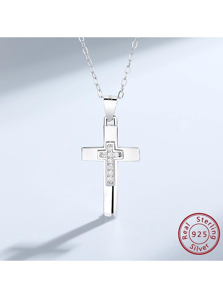 1pc S925 Sterling Silver Cross Pendant Necklace For Women, Hip Hop American Style Accessory