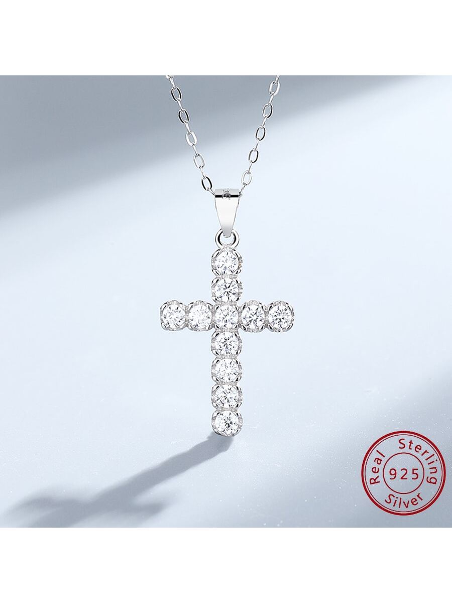 1pc S925 Sterling Silver Cross Pendant Necklace For Women