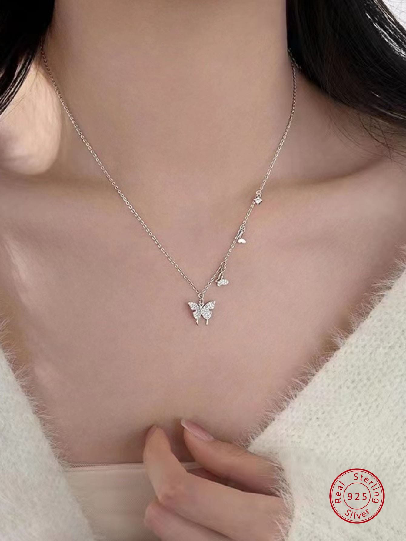 1pc Elegant Unique Style S925 Sterling Silver Butterfly Pendant Necklace For Women, Anniversary Gift