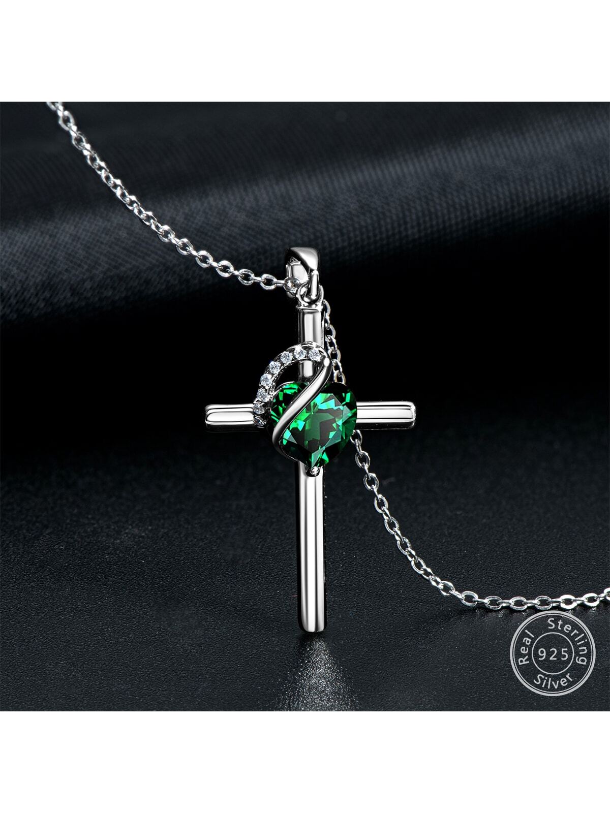 1PC Green Cubic Zirconia Heart-shaped Cut 6.5x6.5mm 12-month Birthday Stone Design Cross Ladies Pendant Necklace for Women 925 Sterling Silver Necklace Birthday Jewelry Gifts for Her