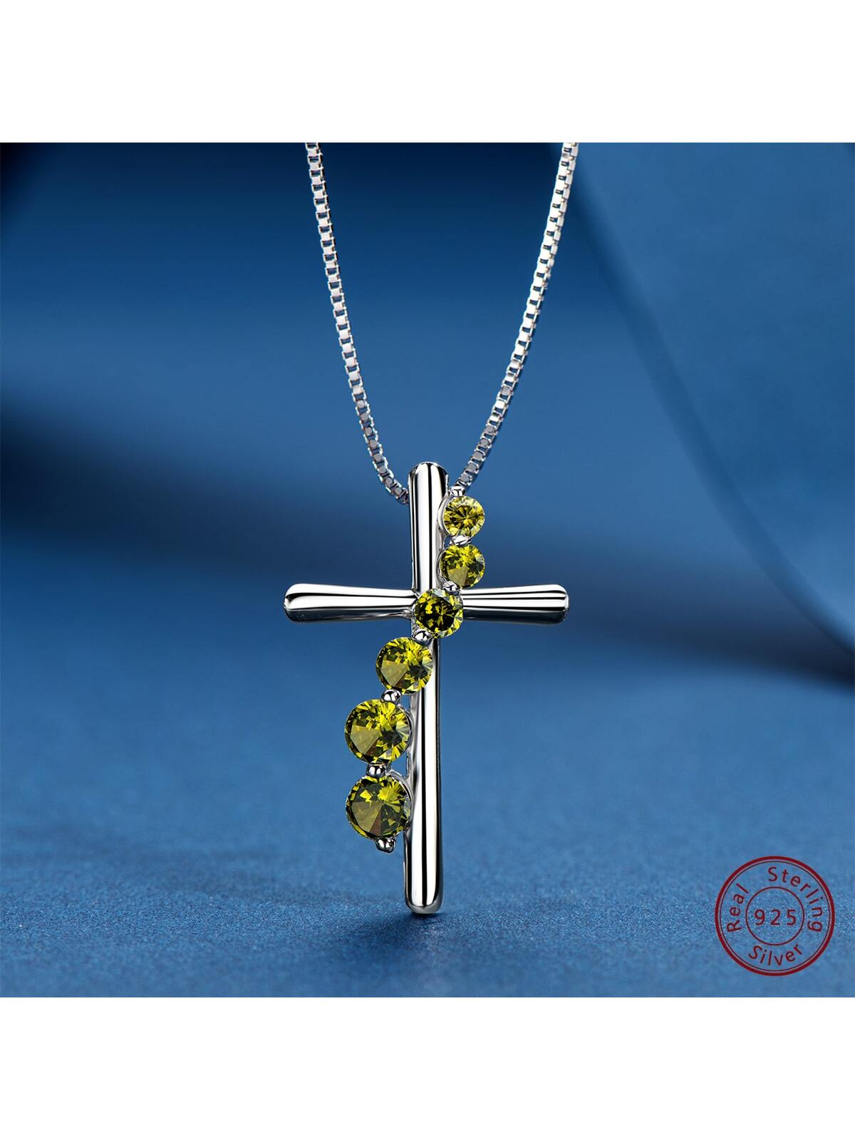 1PC Peridot Round Cut 12-month Birthday Stone Cross Pendant Ladies Necklace for Women 925 Sterling Silver Necklace Birthday Jewelry Gifts for Her