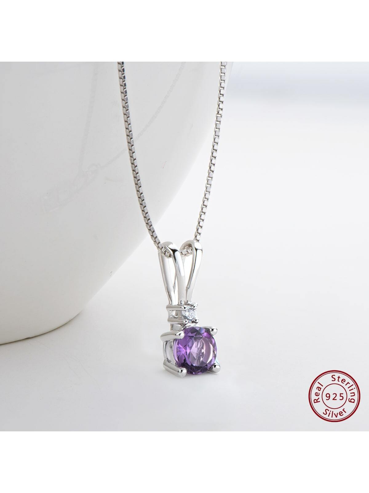 1PC Amethyst Round Cut Simple Pendant Lady Necklace for Women 925 Sterling Silver Gorgeous Shiny Necklace Birthday Anniversary Jewelry Gifts for Her