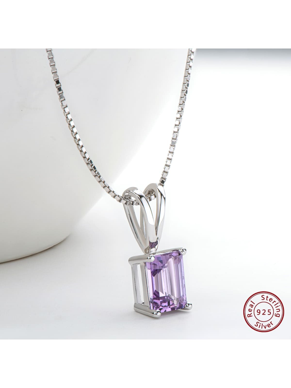 1Pair Natural Amethyst Cut 6x8mm Simple Pendant Necklace for Women 925 Sterling Silver Chain Anniversary Jewelry Birthday Gifts for Her