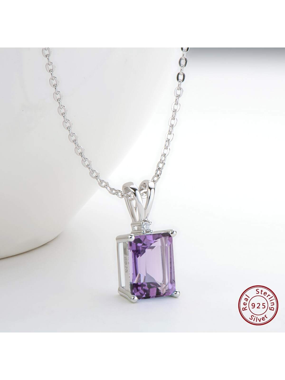 1PC Natural Amethyst Cut 7x9mm Simple Pendant Necklace for Women 925 Sterling Silver Chain Anniversary Jewelry Birthday Gifts for Her